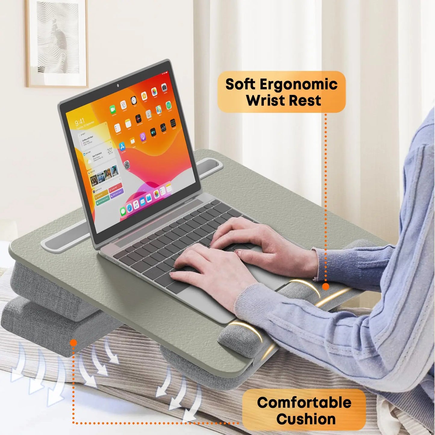 PUTORSEN Laptop Kneeling Tray with Ergonomic Wrist Rest, Larger Laptop Cushion for max. 17.3 inch notebook, Height Adjustable Laptop Pad with Tablet and Phone Holder (Grey) PUTORSEN