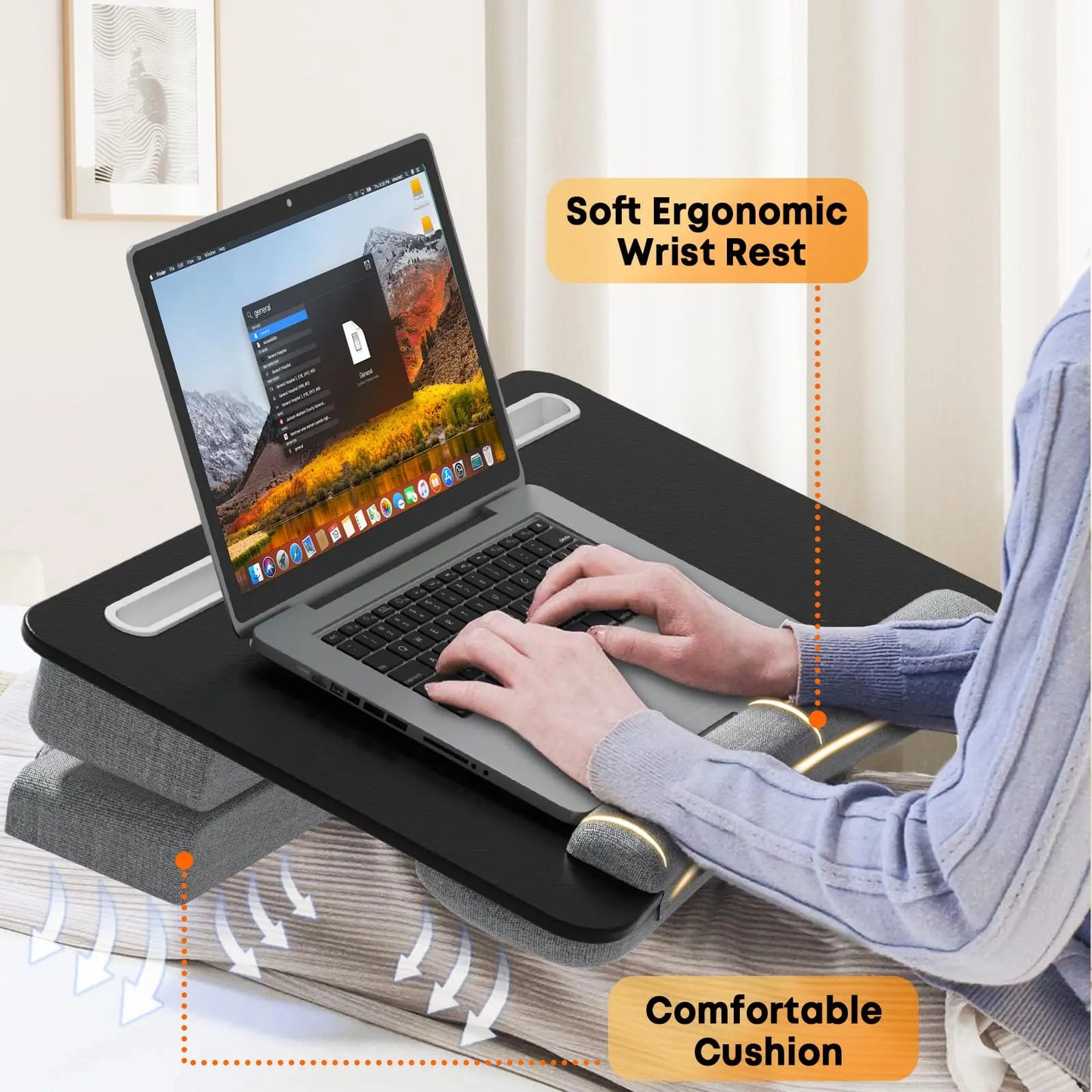 PUTORSEN Laptop knee tray with ergonomic wrist rest, larger laptop cushion for max. 17.3 inch notebook, height-adjustable laptop pad with tablet and phone holder (black) PUTORSEN