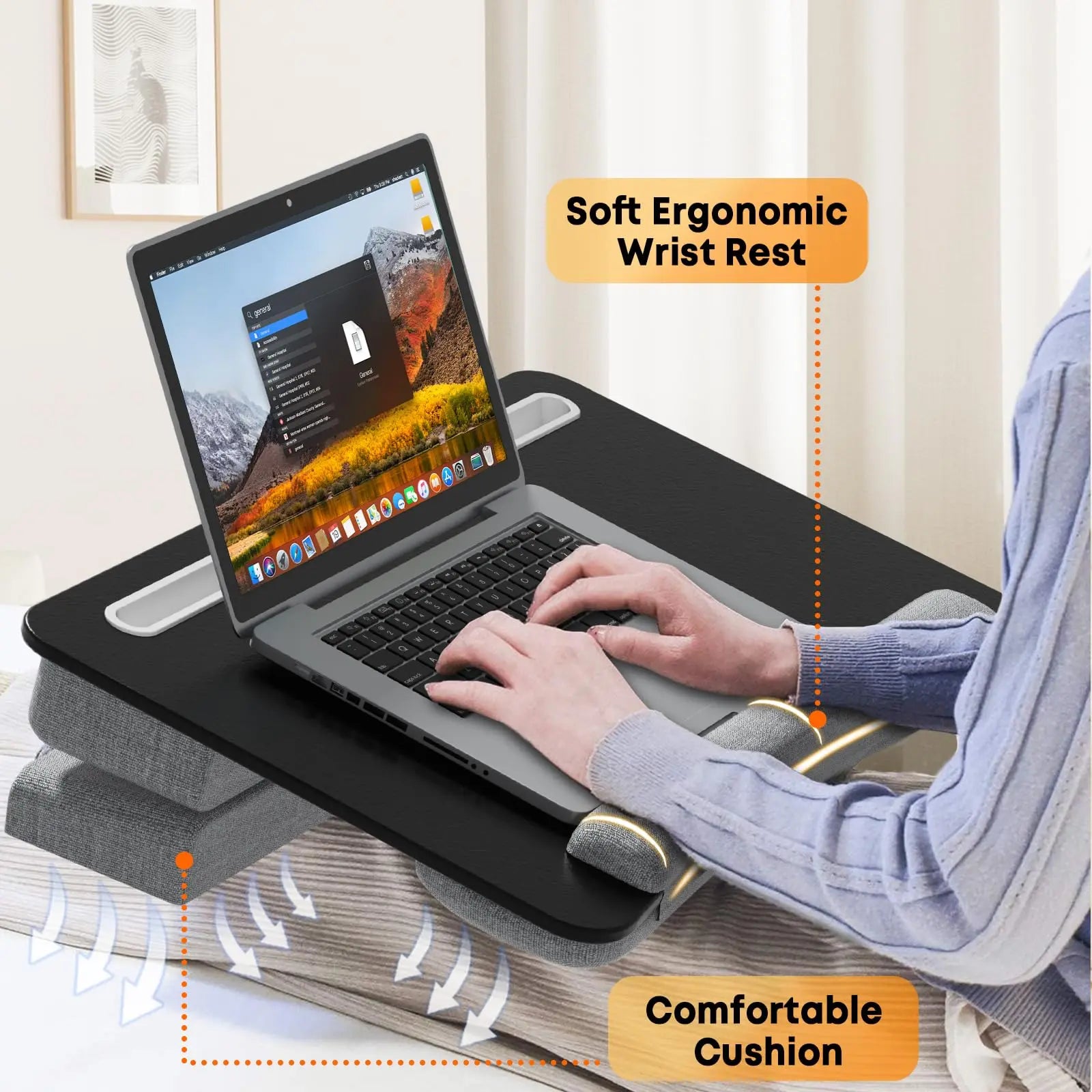 PUTORSEN Laptop knee tray with ergonomic wrist rest, larger laptop cushion for max. 17.3 inch notebook, height-adjustable laptop pad with tablet and phone holder (black) PUTORSEN