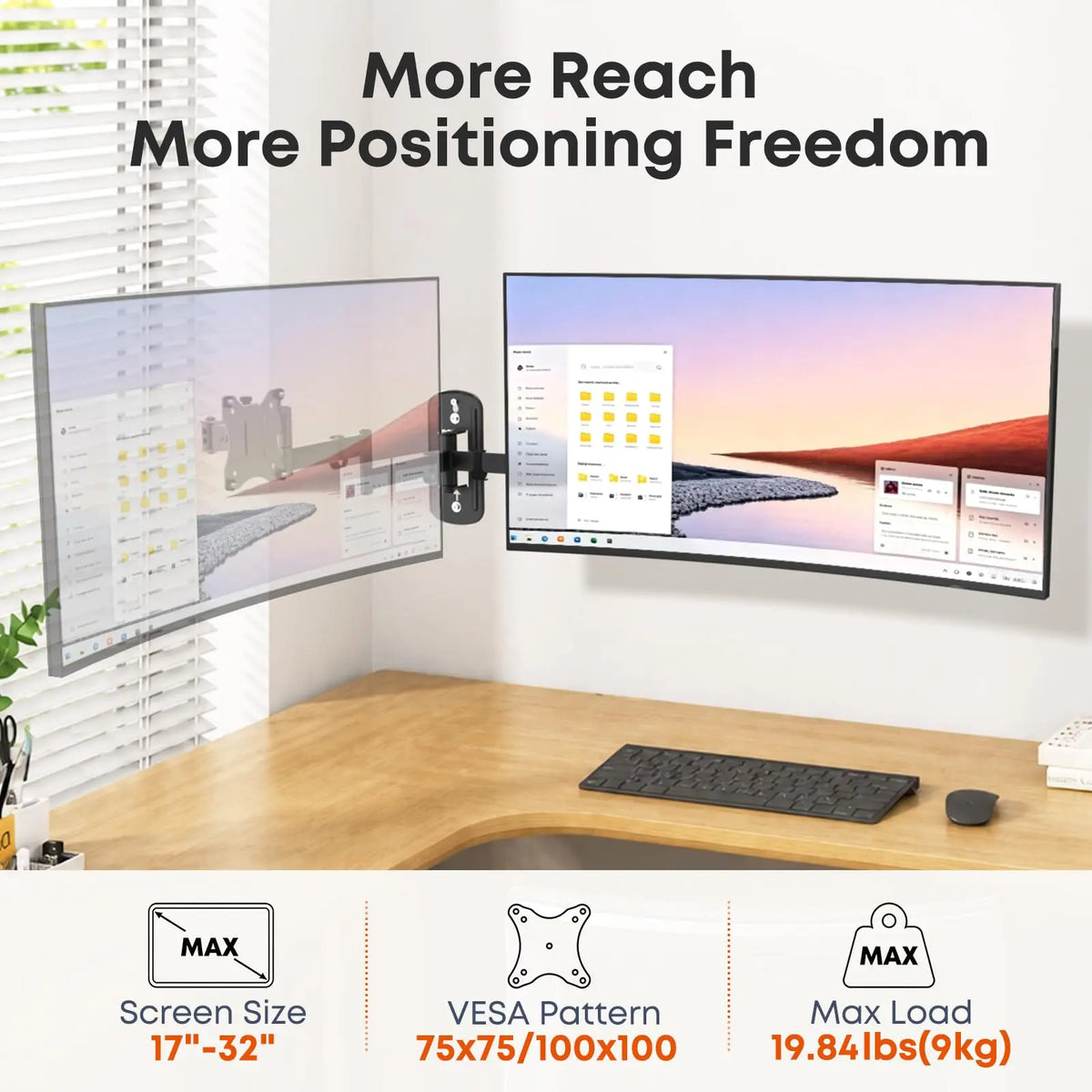 PUTORSEN Long Arm Monitor Wall Mount up to 32 Inch, Full Motion VESA Wall Bracket, 75/100mm, Max Loads 19.8lbs PUTORSEN