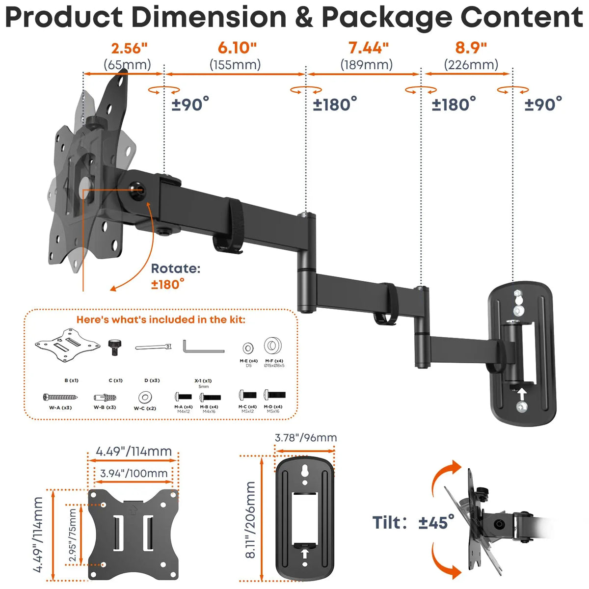 PUTORSEN Long Arm Monitor Wall Mount up to 32 Inch, Full Motion VESA Wall Bracket, 75/100mm, Max Loads 19.8lbs PUTORSEN