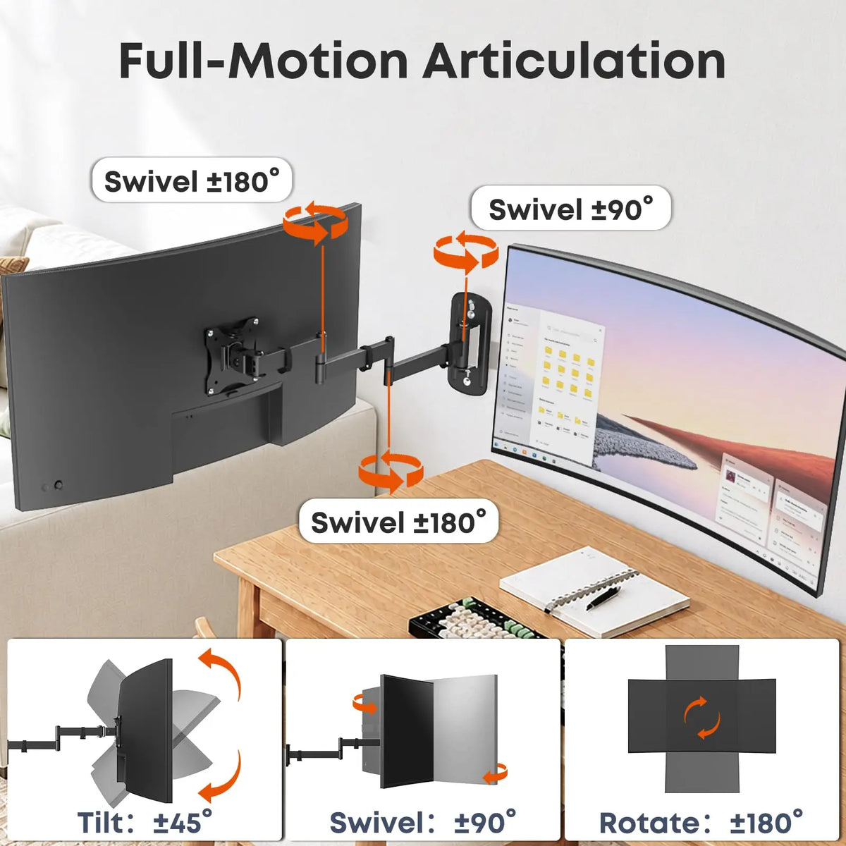 PUTORSEN Long Arm Monitor Wall Mount up to 32 Inch, Full Motion VESA Wall Bracket, 75/100mm, Max Loads 19.8lbs PUTORSEN
