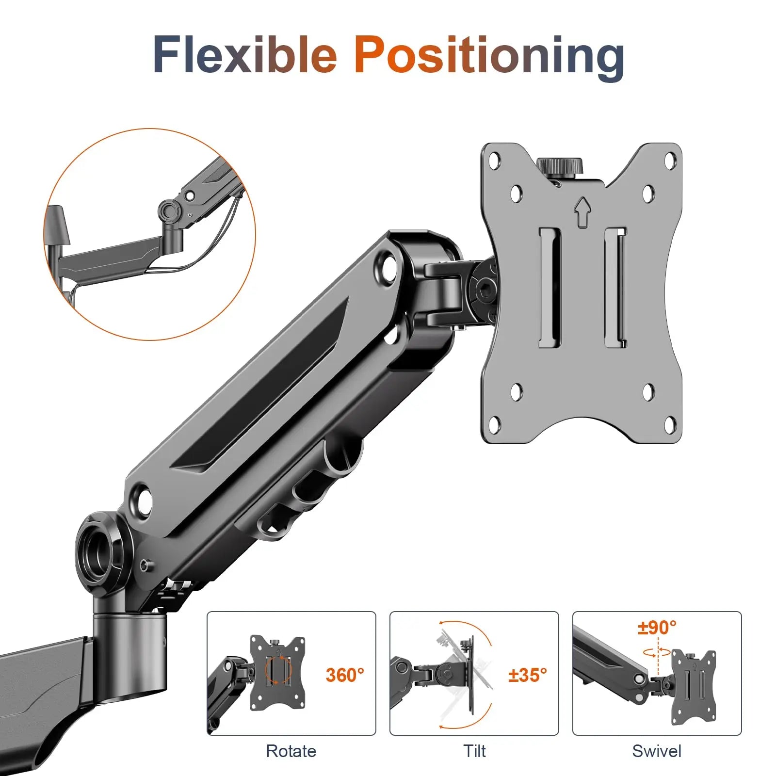 PUTORSEN Monitor Arm Wall Mount Bracket for 17-42 inch Screens, Height Adjustable Gas Spring Single Wall Monitor Mount, Tilt Swivel Rotate, Load 12KG PUTORSEN