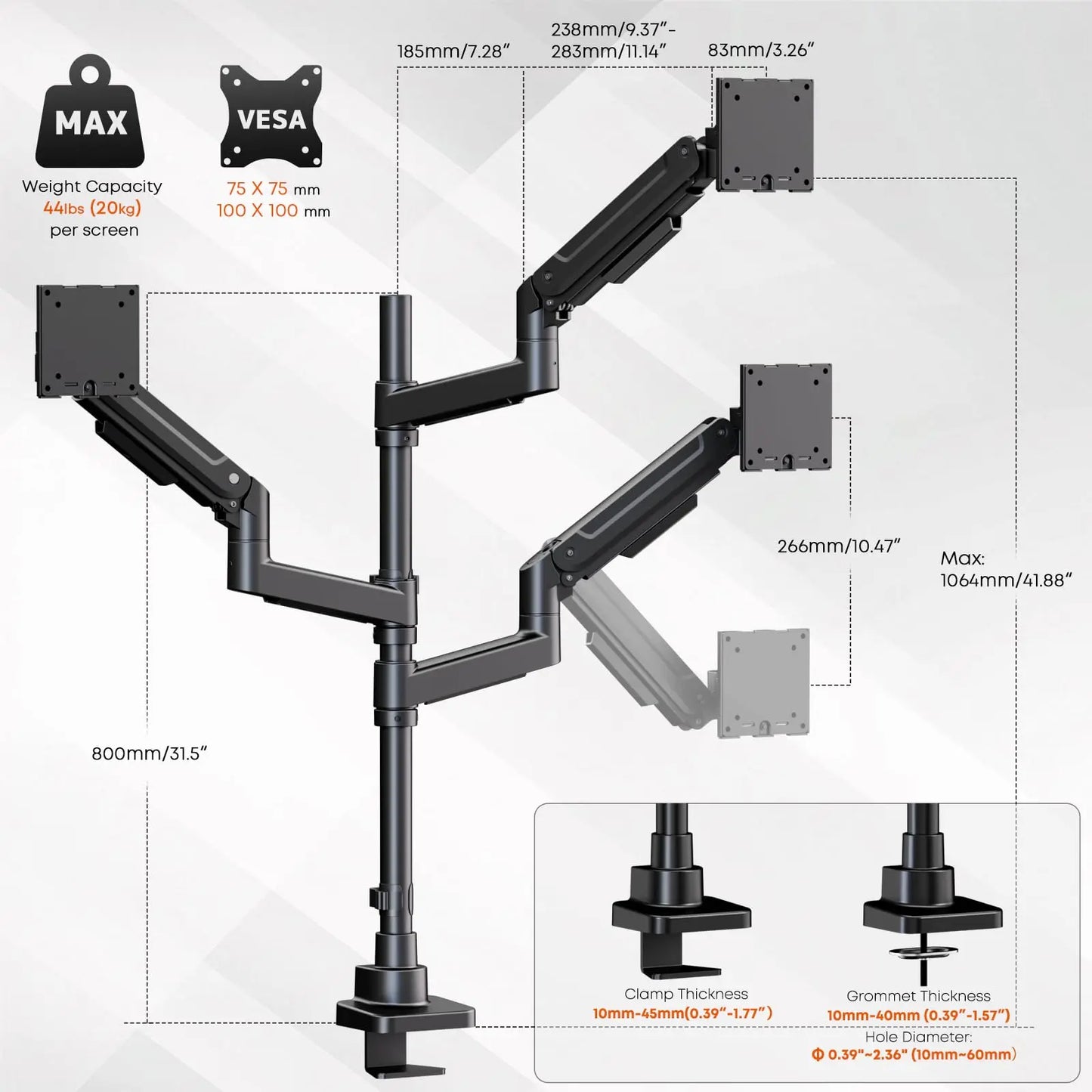 PUTORSEN Monitor Halterung 3 Monitore für 17-49 Zoll Bildschirm, Monitorhalterung 3 Monitore Höhenverstellbar mit 20 kg Pro Arm, 80cm Stange Bildschirmhalterung Flat/Curved Screen PUTORSEN