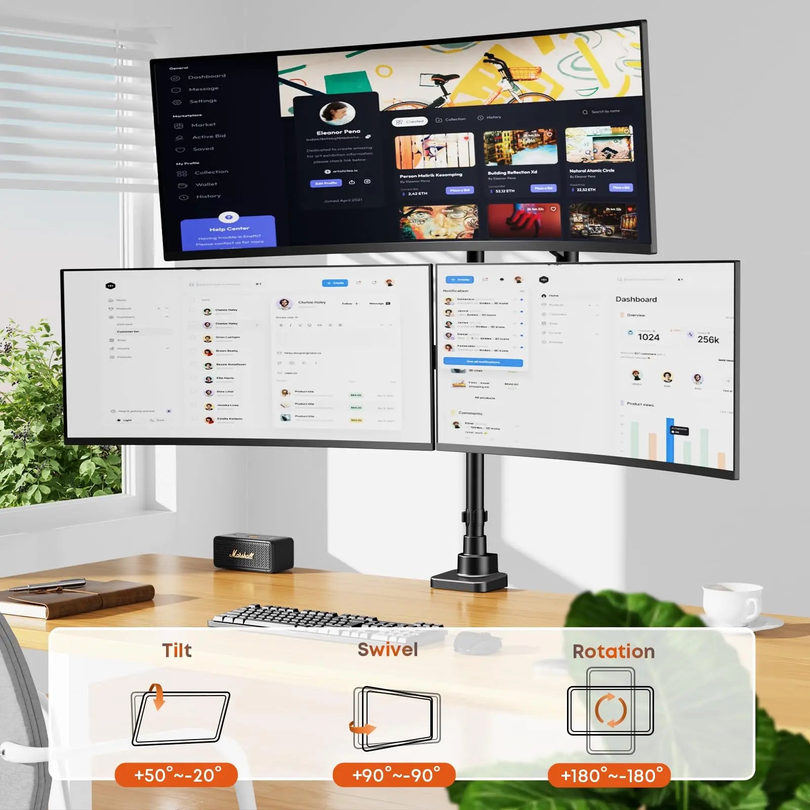 PUTORSEN Monitor Halterung 3 Monitore für 17-49 Zoll Bildschirm, Monitorhalterung 3 Monitore Höhenverstellbar mit 20 kg Pro Arm, 80cm Stange Bildschirmhalterung Flat/Curved Screen PUTORSEN