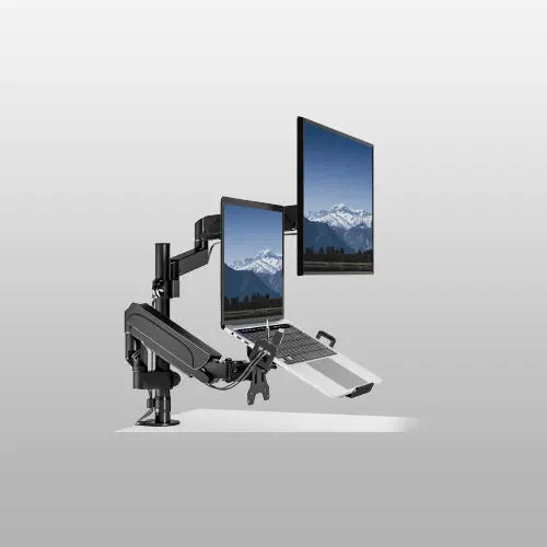 PUTORSEN Monitor Halterung mit Laptop Arm für 17-32 Zoll Bildschirm bis zu 18" Notebook, Vollständig Verstellbarer Federgestützter Monitorarm Höhenverstellbar mit Klammer, VESA 75x75/100x100mm PUTORSEN