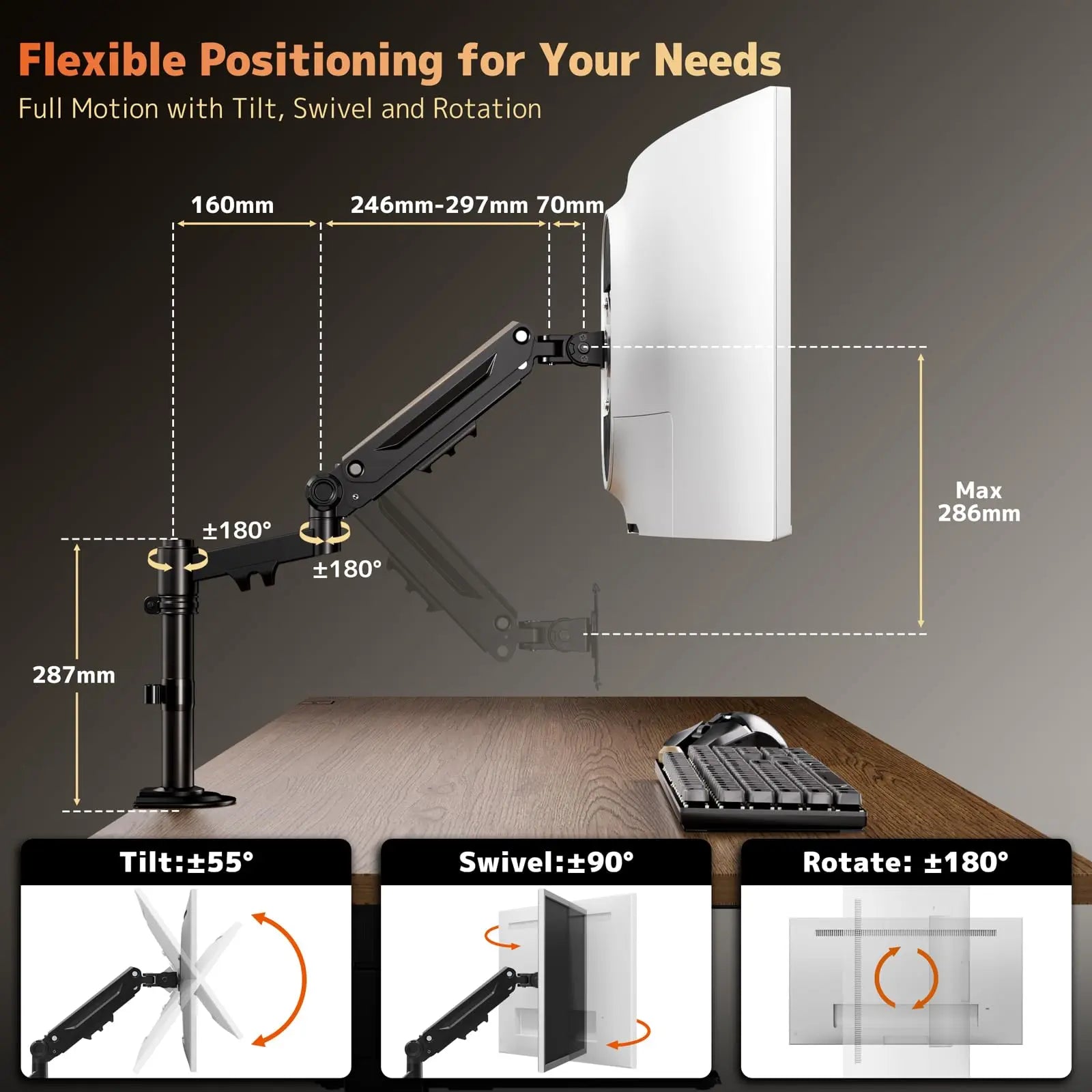 PUTORSEN Monitor Mount for 17-40 Inch Monitors, Supports 2-12 kg, Adjustable Ergonomic Gas Spring Monitor Arm, VESA 75/100mm PUTORSEN