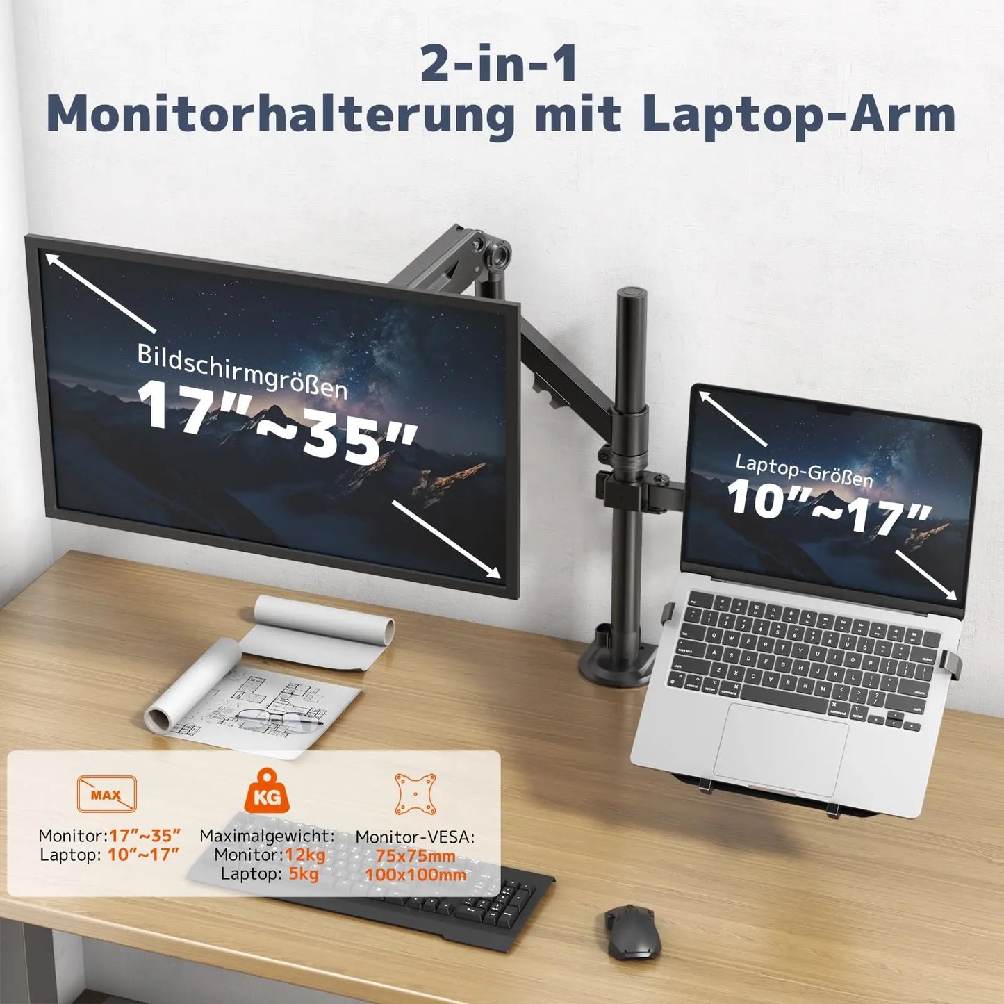 PUTORSEN Monitor Mount with Laptop Arm for 17-35 Inch LCD LED Screen up to 17 Inch Notebook, Monitor Laptop Mount Desk with Bracket, Max Load 12 kg PUTORSEN