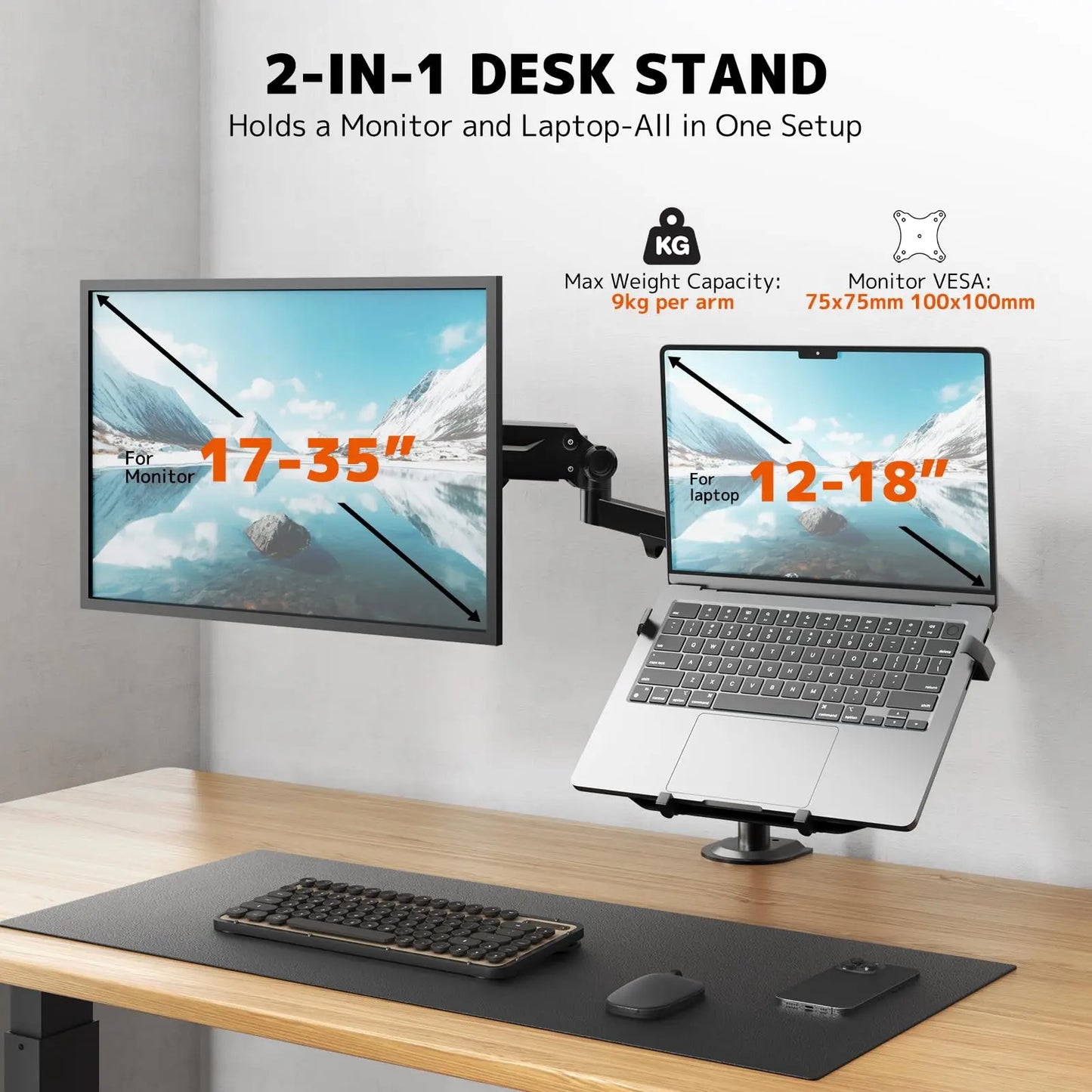 PUTORSEN Monitor Mount with Laptop Arm for 17-35 Inch Screens up to 18 Inch Notebook, VESA 75 x 75/100 x 100 mm PUTORSEN