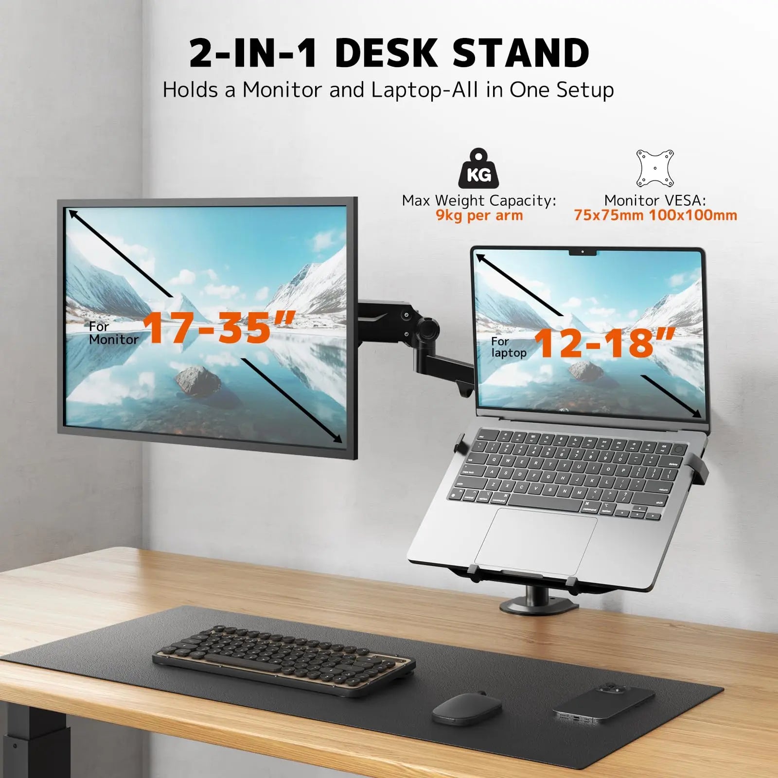 PUTORSEN Monitor Mount with Laptop Arm for 17-35 Inch Screens up to 18 Inch Notebook, VESA 75 x 75/100 x 100 mm PUTORSEN