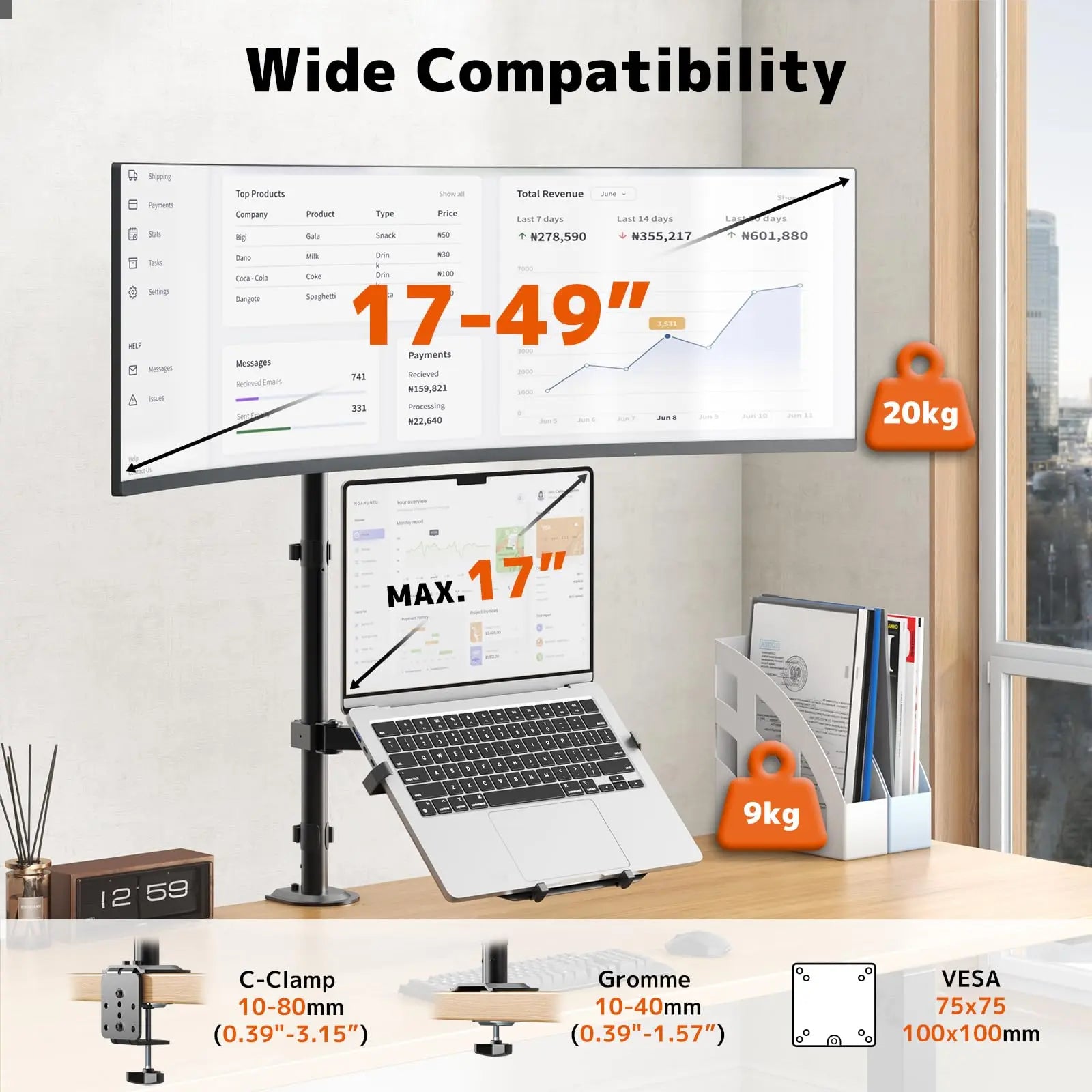 PUTORSEN Monitor Mount with Laptop Arm for 17 to 49 Inch Screens and Notebooks up to 17 Inches, Tilting Swiveling Rotating, 81.8cm Pole Height Adjustable Monitor Arm PUTORSEN