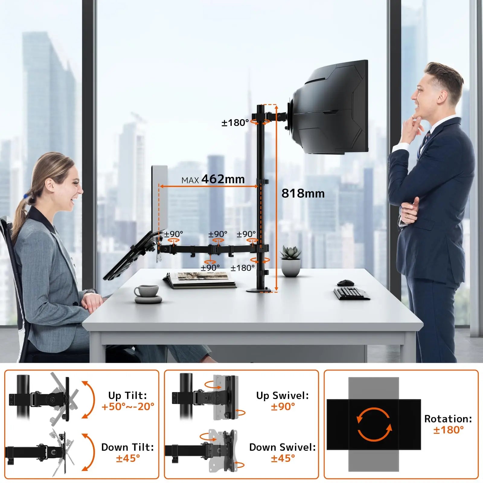 PUTORSEN Monitor Mount with Laptop Arm for 17 to 49 Inch Screens and Notebooks up to 17 Inches, Tilting Swiveling Rotating, 81.8cm Pole Height Adjustable Monitor Arm PUTORSEN