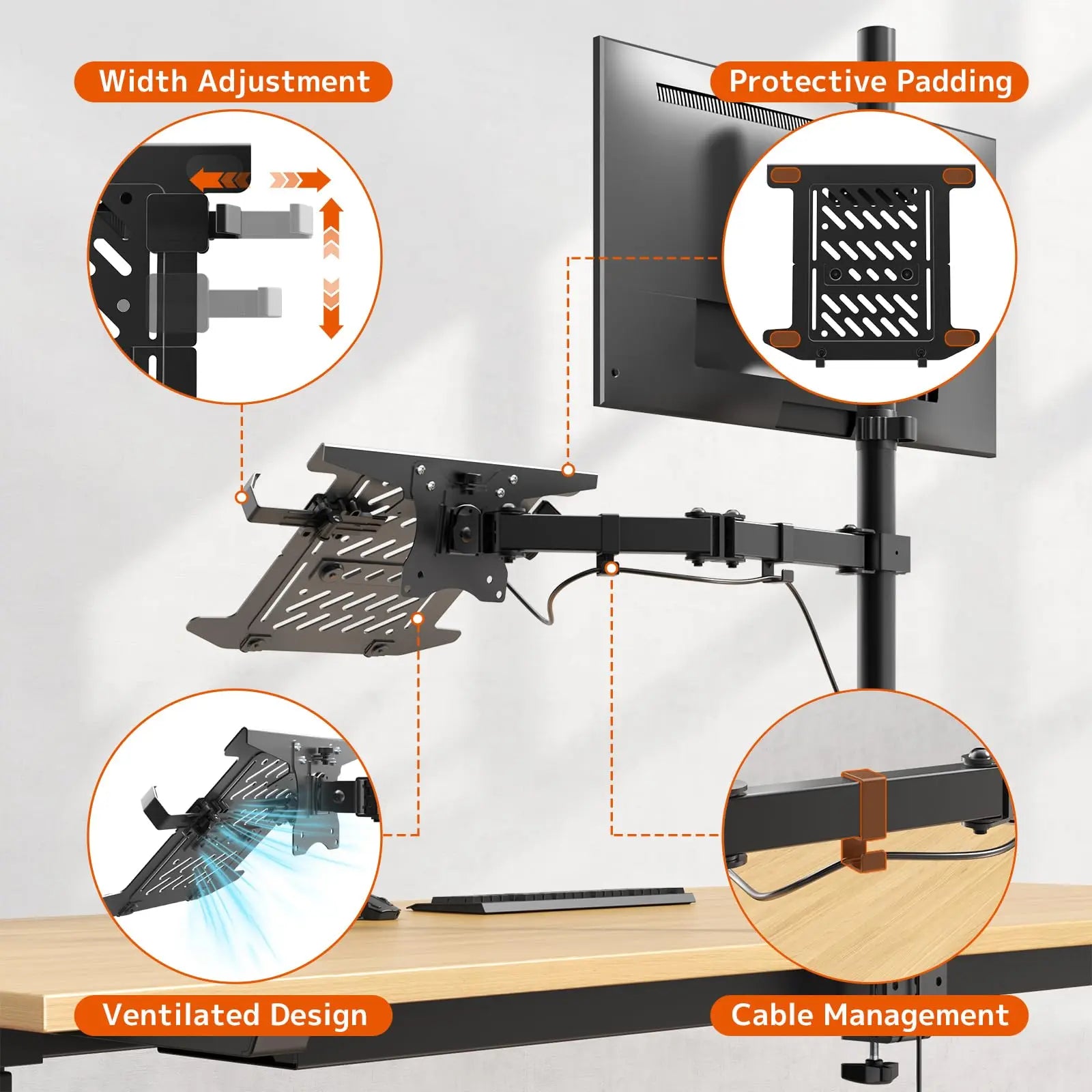 PUTORSEN Monitor Mount with Laptop Arm for 17 to 49 Inch Screens and Notebooks up to 17 Inches, Tilting Swiveling Rotating, 81.8cm Pole Height Adjustable Monitor Arm PUTORSEN