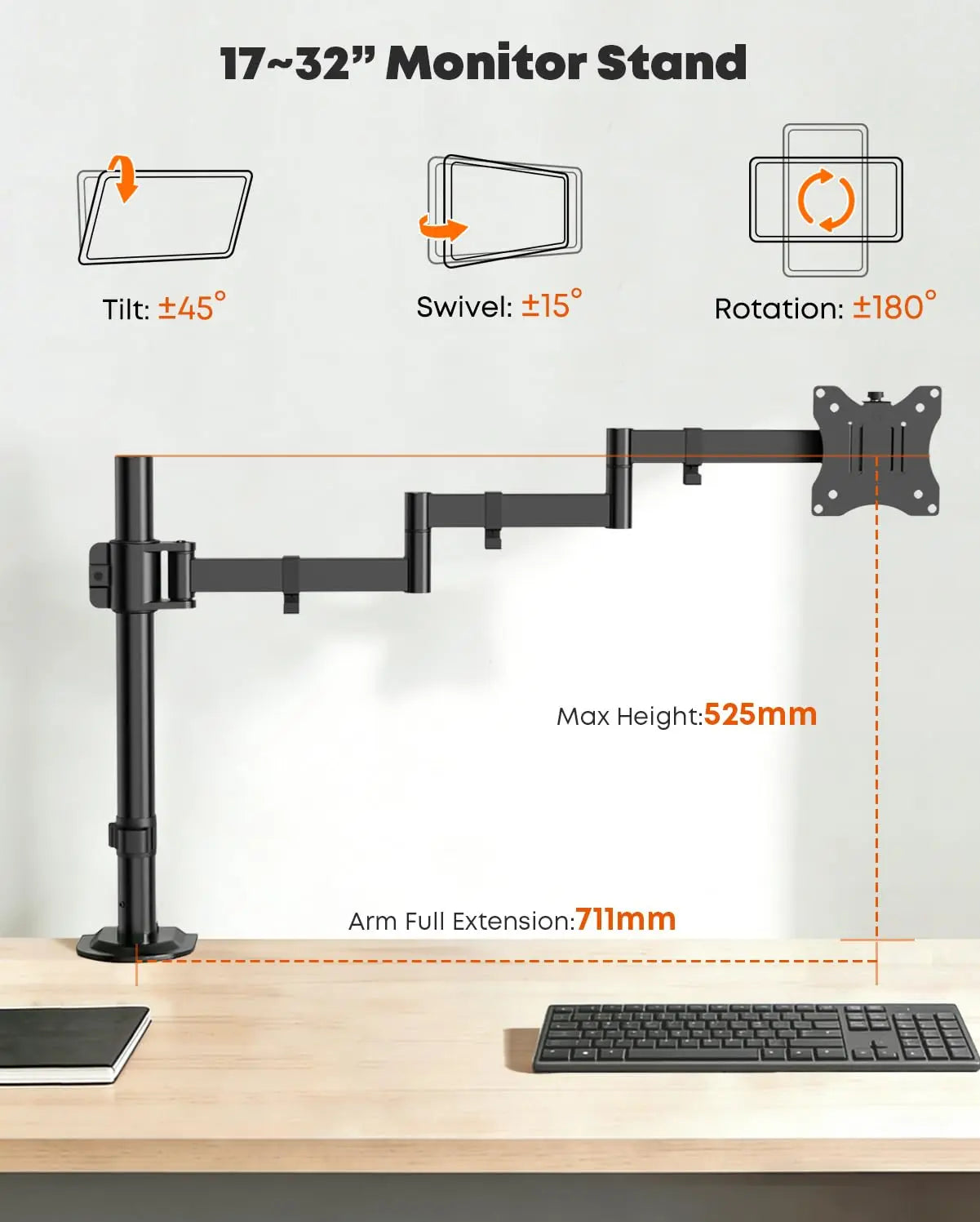 PUTORSEN Monitor Mount, 17-32 Inch Table Monitor Mount, Flexible to Wall Mounting, 710 mm Extra Long Arm, 10 kg, VESA 75/100 mm PUTORSEN