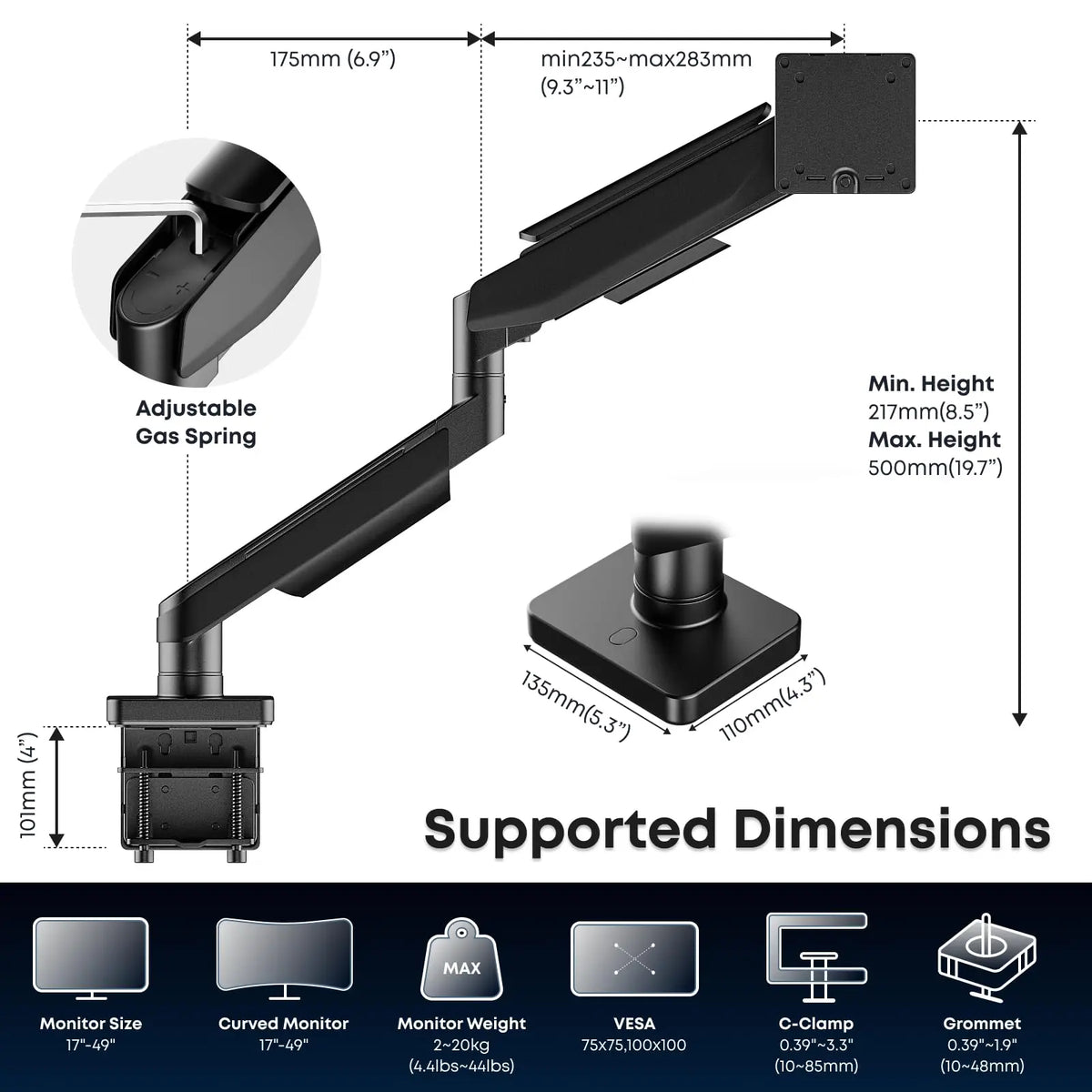Supporto Monitor A Braccio A Gas PUTORSEN - Regolabile In Altezza, Per Schermi Da 17" A 49", VESA 75/100
