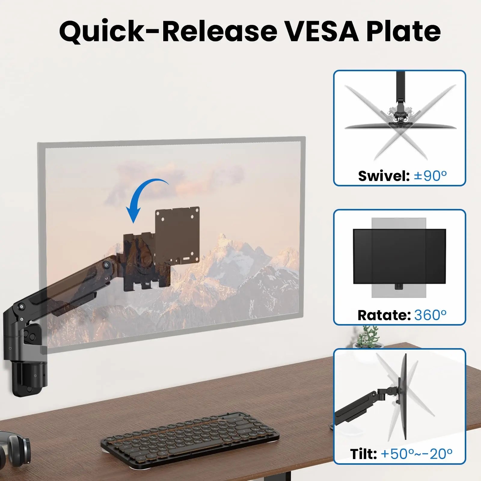 PUTORSEN Monitor Wall Mount Arm - Heavy Duty for Ultrawide Computer up to 49 inches and 44 lbs with Gas Spring PUTORSEN
