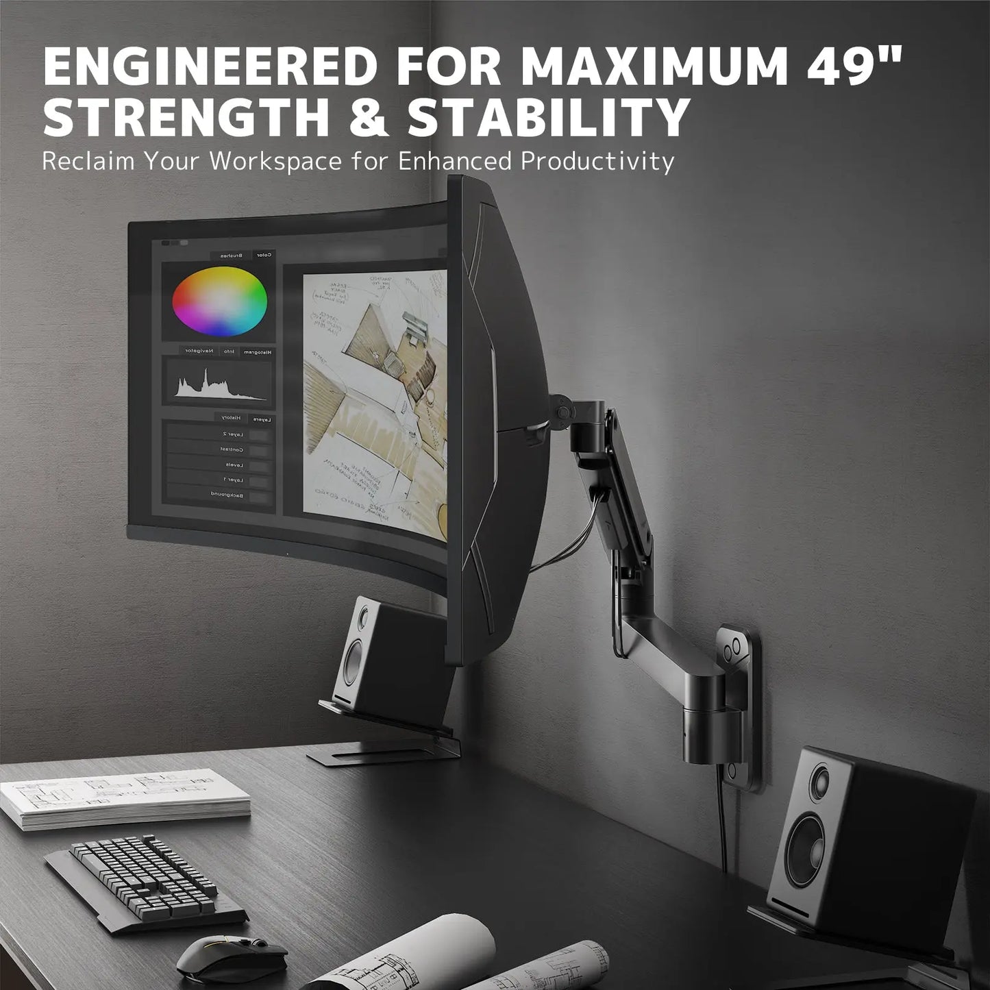 PUTORSEN Monitor Wall Mount Arm - Heavy Duty for Ultrawide Computer up to 49 inches and 44 lbs with Gas Spring PUTORSEN