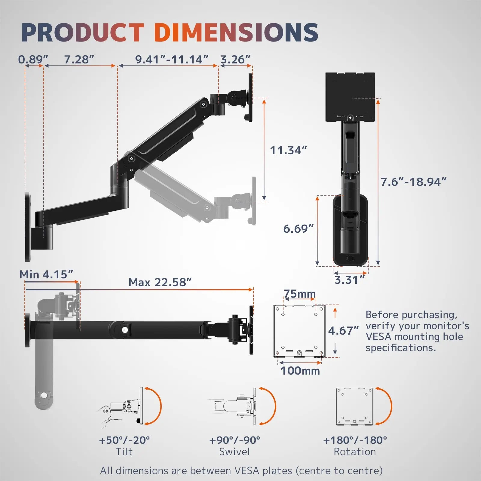 PUTORSEN Monitor Wall Mount Arm - Heavy Duty for Ultrawide Computer up to 49 inches and 44 lbs with Gas Spring PUTORSEN