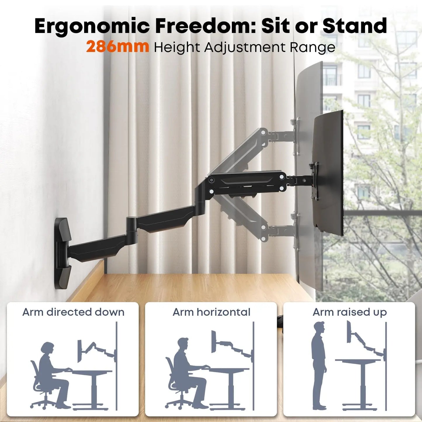 PUTORSEN Monitor Wall Mount for 17-32 inch - Extra Long Single Wall Mounted Monitor Arm, Fully Adjustable Vesa Wall Bracket, VESA 75x75/100x100, Hold up to 19.84 lbs PUTORSEN