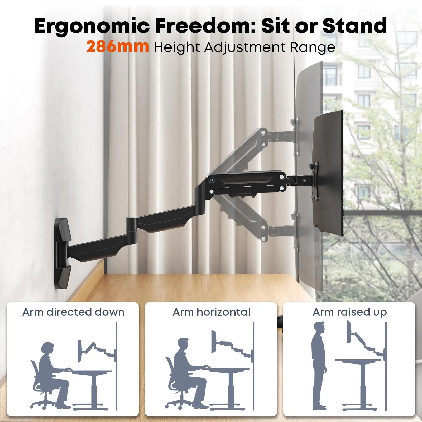 PUTORSEN Monitor Wall Mount for 17-32 inch - Extra Long Single Wall Mounted Monitor Arm, Fully Adjustable Vesa Wall Bracket, VESA 75x75/100x100, Hold up to 19.84 lbs PUTORSEN