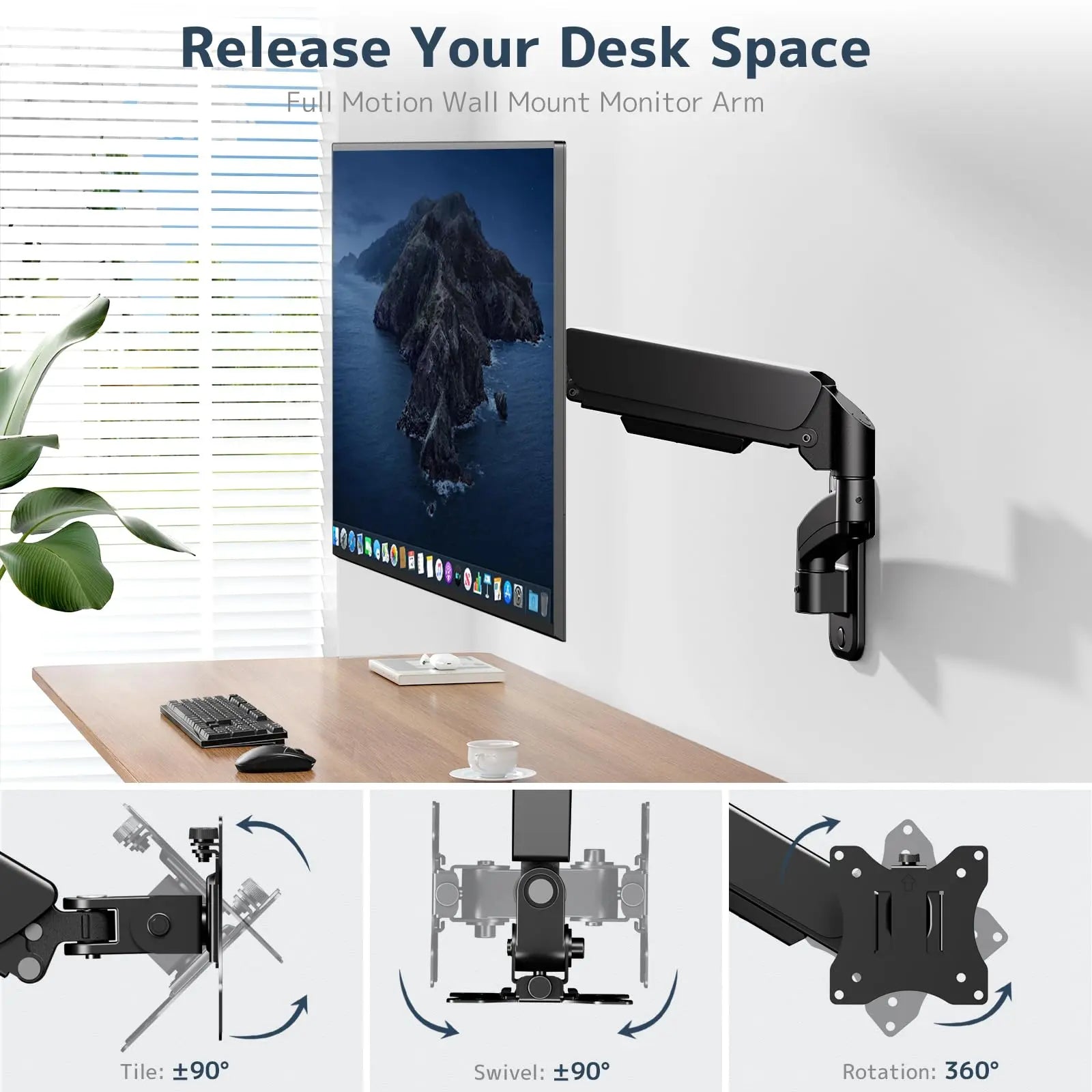 PUTORSEN Monitor Wall Mount for PC Monitor - For 17 to 32 Inch Screens, Height Adjustable Single Arm Swivel and 360° Rotatable Gas Spring Arm, Max. 9 kg PUTORSEN