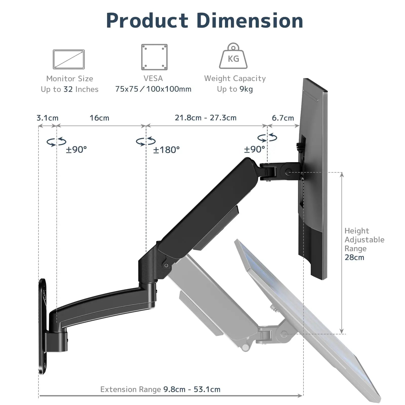 PUTORSEN Monitor Wall Mount for PC Monitor - For 17 to 32 Inch Screens, Height Adjustable Single Arm Swivel and 360° Rotatable Gas Spring Arm, Max. 9 kg PUTORSEN