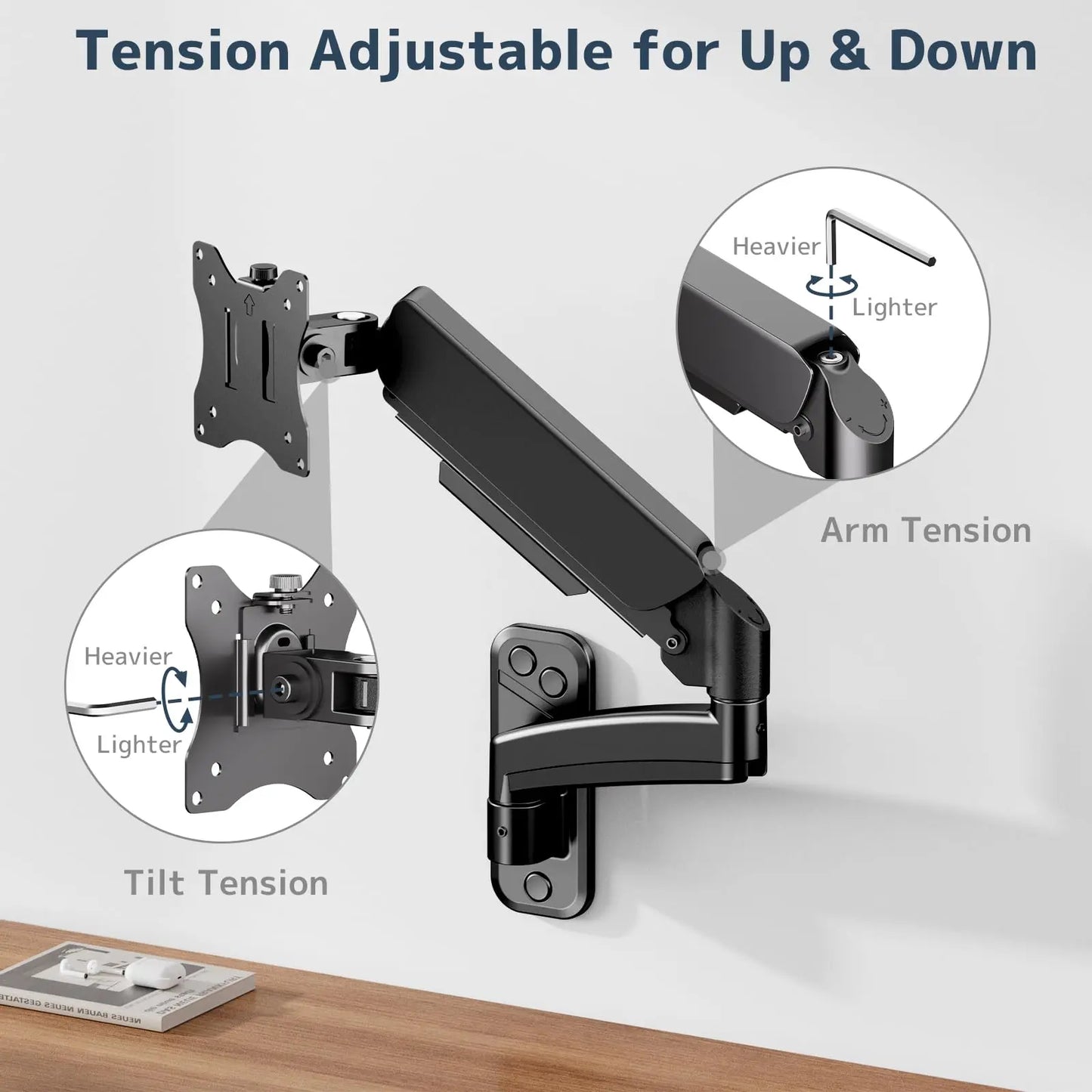 PUTORSEN Monitor Wall Mount for PC Monitor - For 17 to 32 Inch Screens, Height Adjustable Single Arm Swivel and 360° Rotatable Gas Spring Arm, Max. 9 kg PUTORSEN