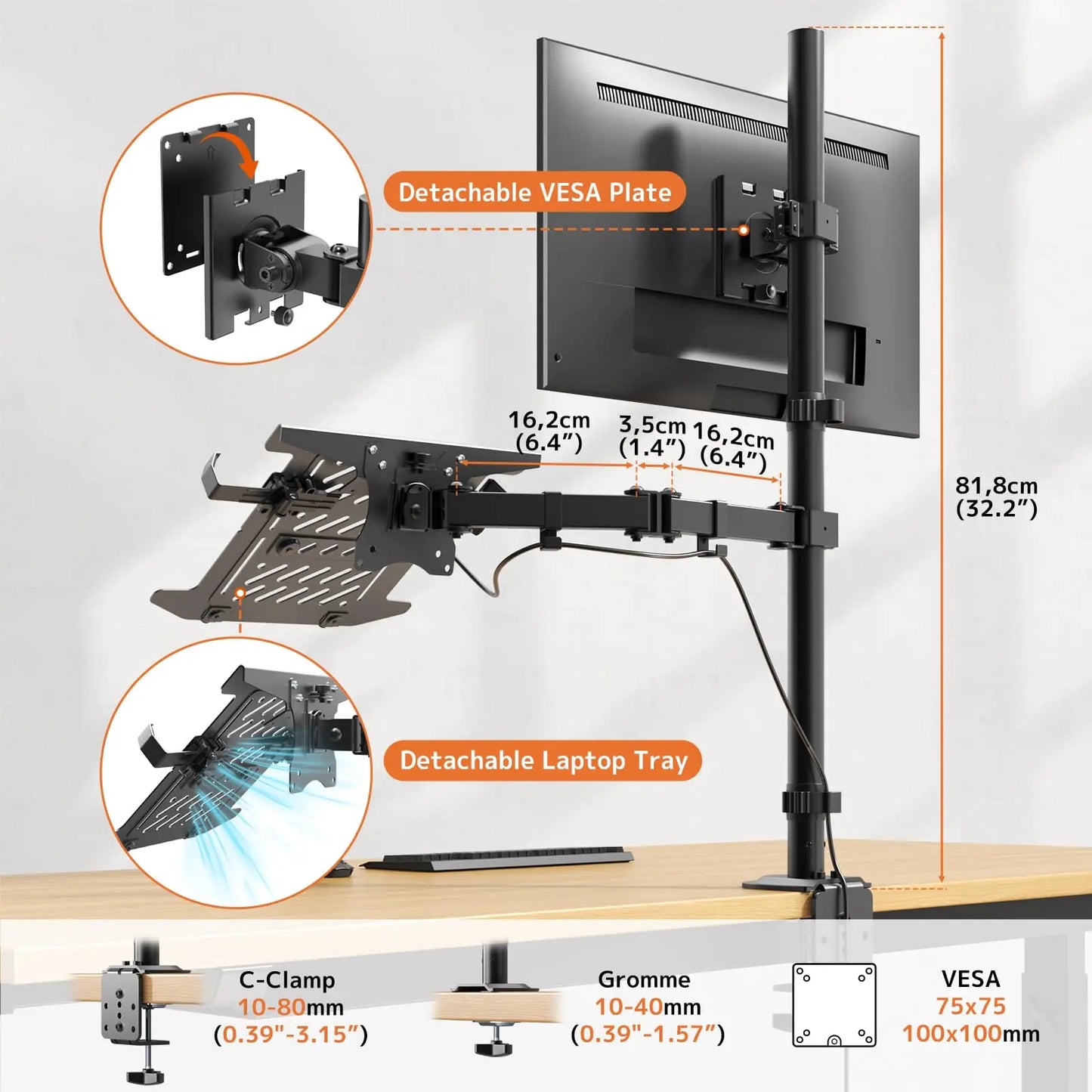 PUTORSEN Monitor and Laptop Mount Stand for Max 49” Screen and 18” Notebook, Fully Adjustable Monitor Arm with Vented Tray, Holds up to 44lbs PUTORSEN