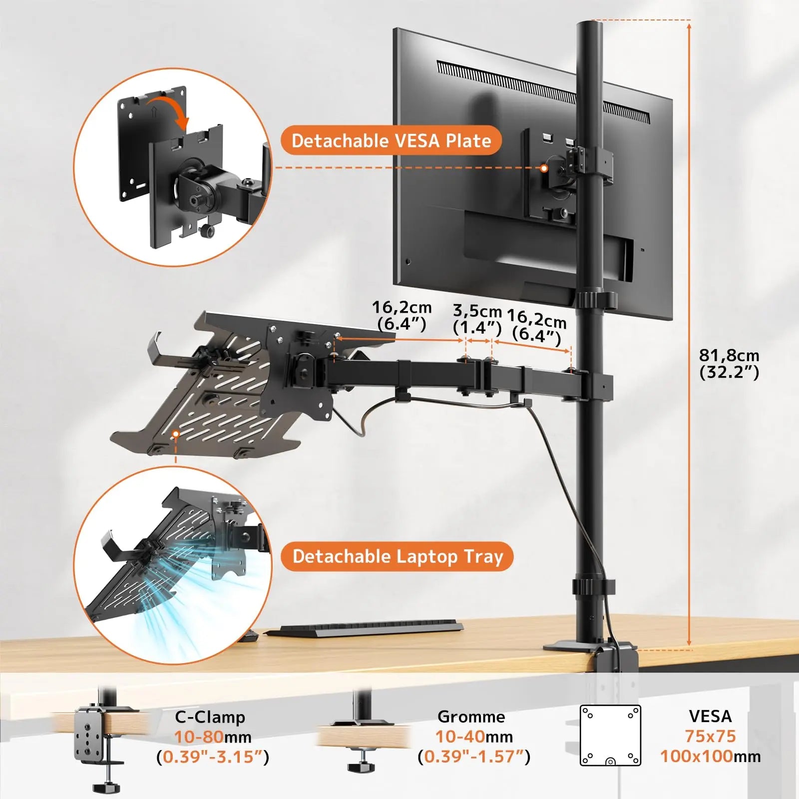 PUTORSEN Monitor and Laptop Mount Stand for Max 49” Screen and 18” Notebook, Fully Adjustable Monitor Arm with Vented Tray, Holds up to 44lbs PUTORSEN