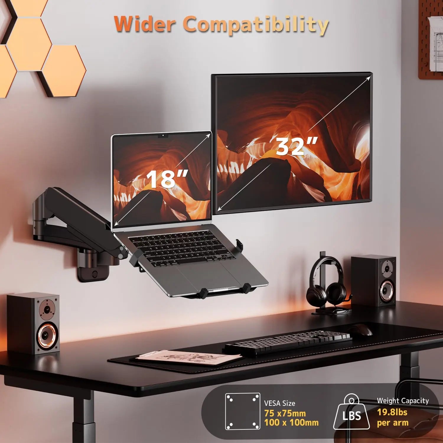 PUTORSEN Monitor and Laptop Wall-Mount - Full Motion 2-in-1 Monitor Arm Fits Max 32" Screen and 18" Laptop, Holds up to19.8lbs, VESA 75x75/100x100 PUTORSEN