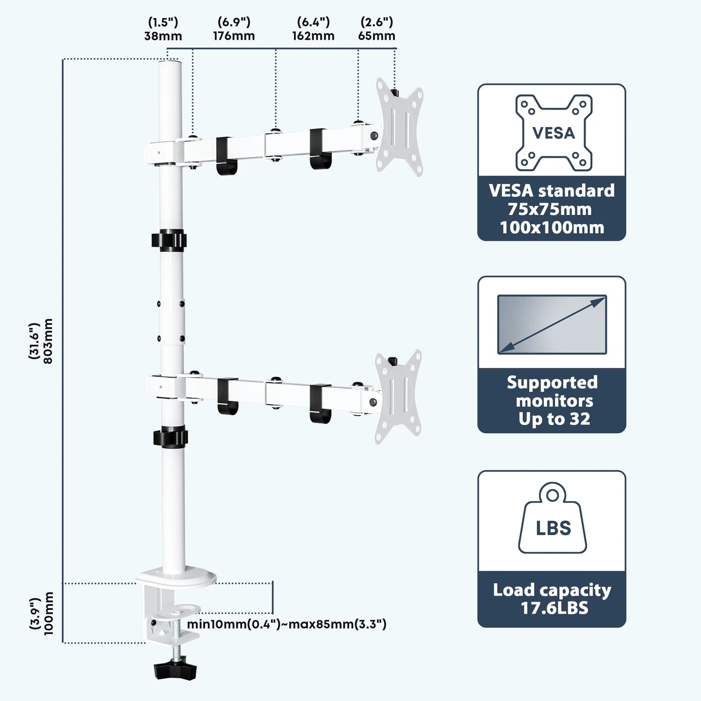 PUTORSEN Monitor mount 2 monitors Vertical (80cm pole) pole height-adjustable for 17"-32" inch screens PUTORSEN