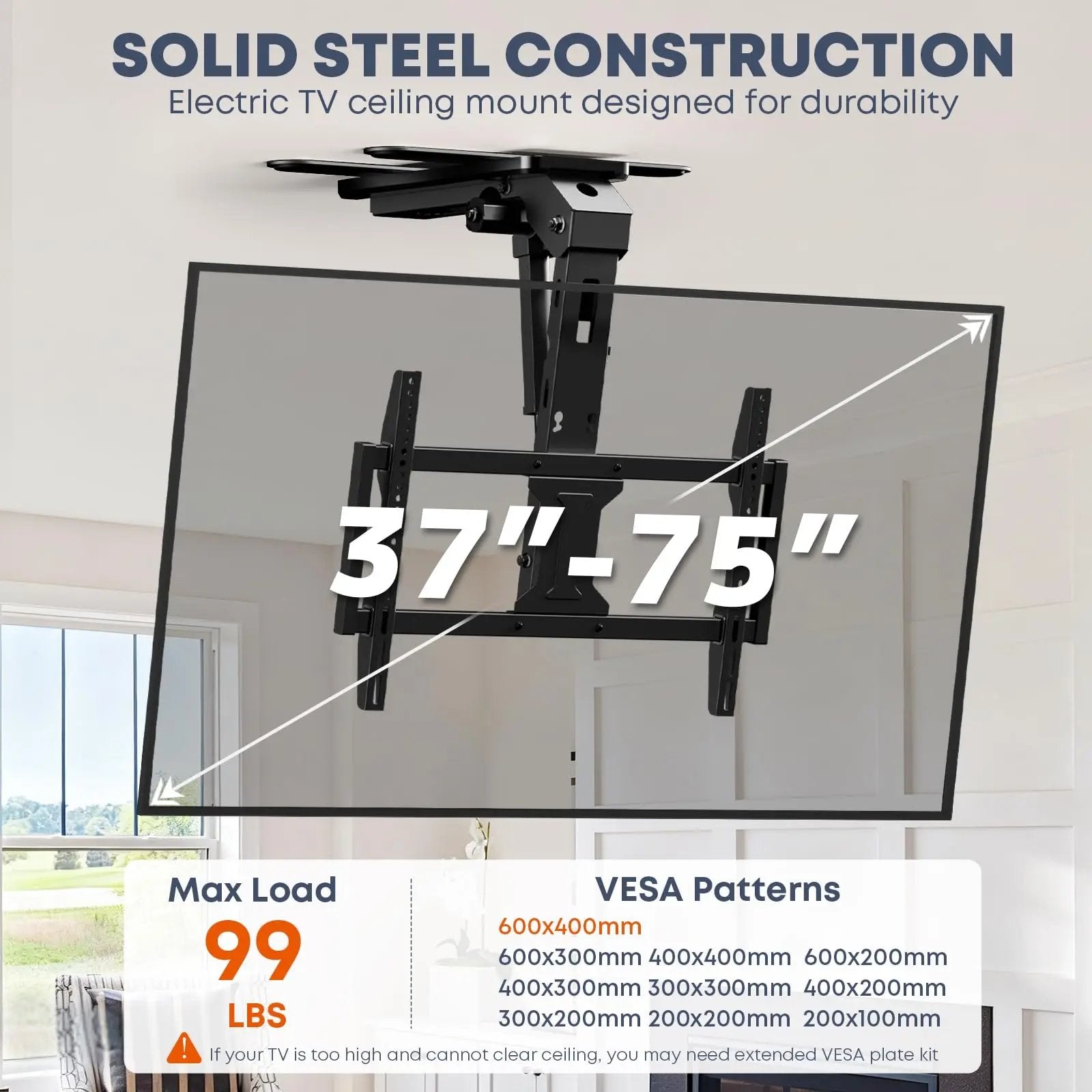 PUTORSEN Motorized Ceiling TV-Mount Flip Down - 37 to 75 Inch Electric TV-Mount Motorized Drop Down with Remote, Max Load 99 lbs, Max VESA 600x400 mm PUTORSEN