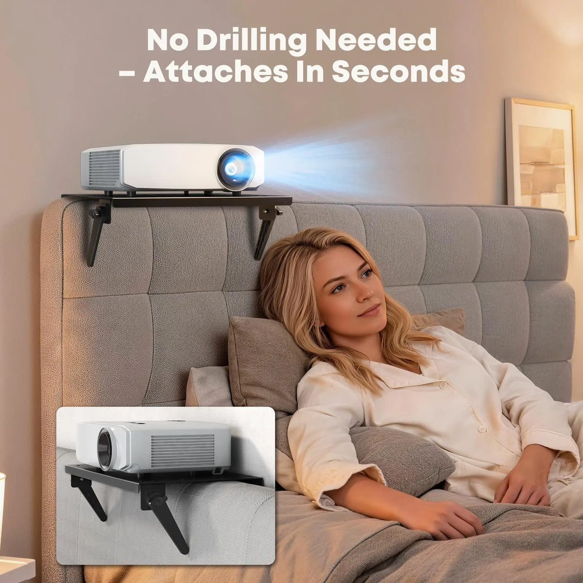 PUTORSEN No-Drill Projector Mount, Adjustable Wall Shelf for Bedroom, Sturdy Metal Shelf, Foldable for Storage, Adjustable Angle, Heat Dissipation Holes, Suitable for Sofa, Bedside, Living Room & Office PUTORSEN