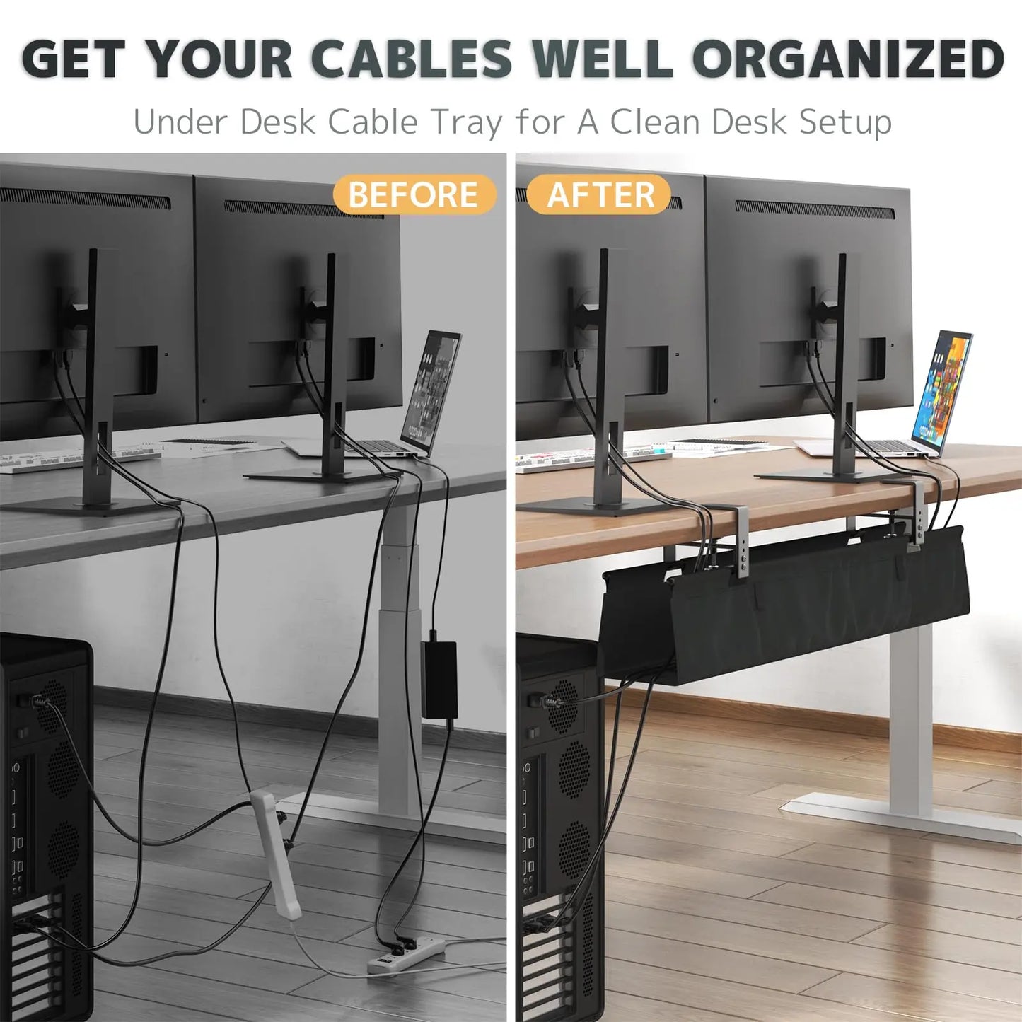PUTORSEN No Drill Under Desk Cable Management Tray - 36" Clamp/Screw Desk Cord Management, Premium Fabric Cable Racyway for Office & Home PUTORSEN