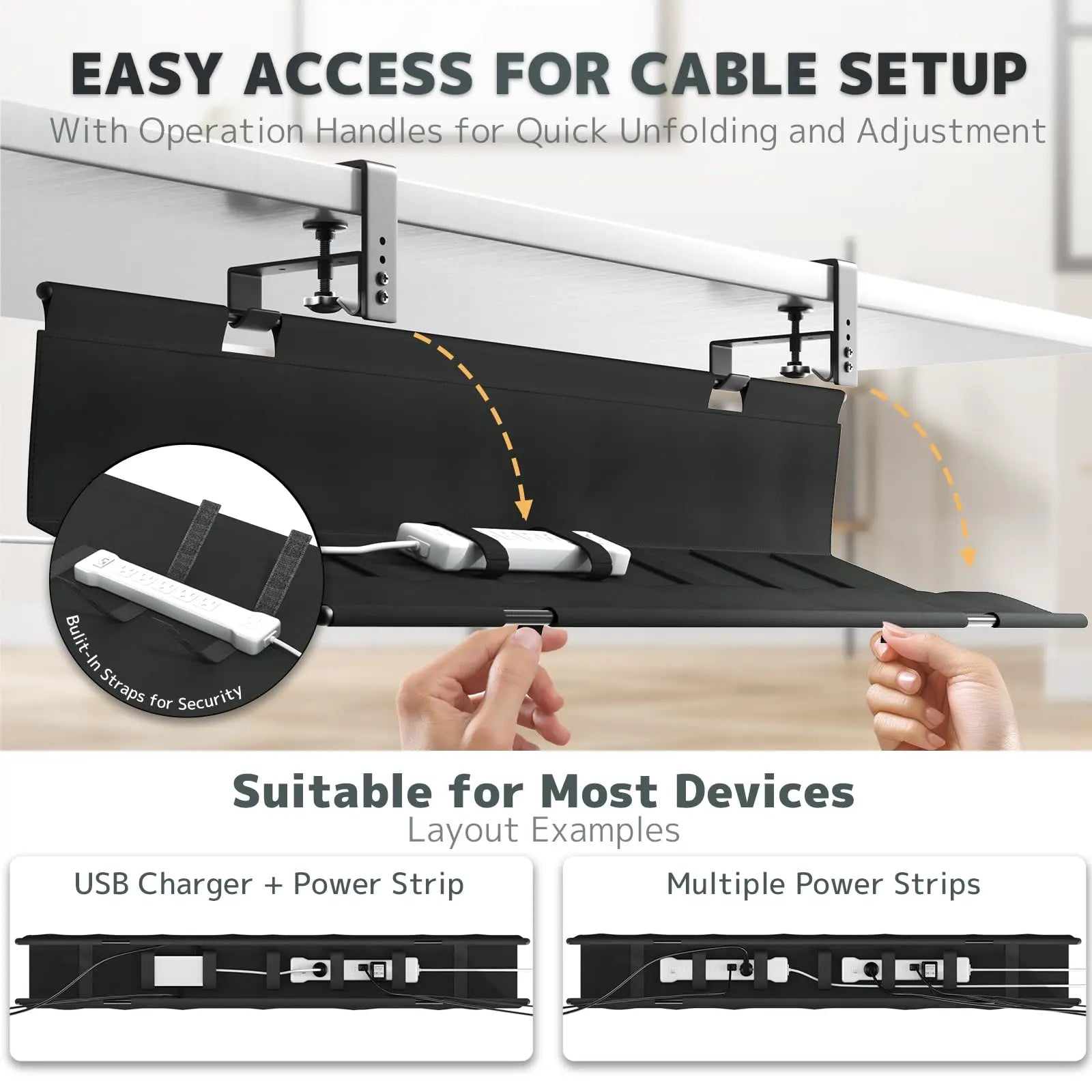 PUTORSEN No Drill Under Desk Cable Management Tray - 36" Clamp/Screw Desk Cord Management, Premium Fabric Cable Racyway for Office & Home PUTORSEN