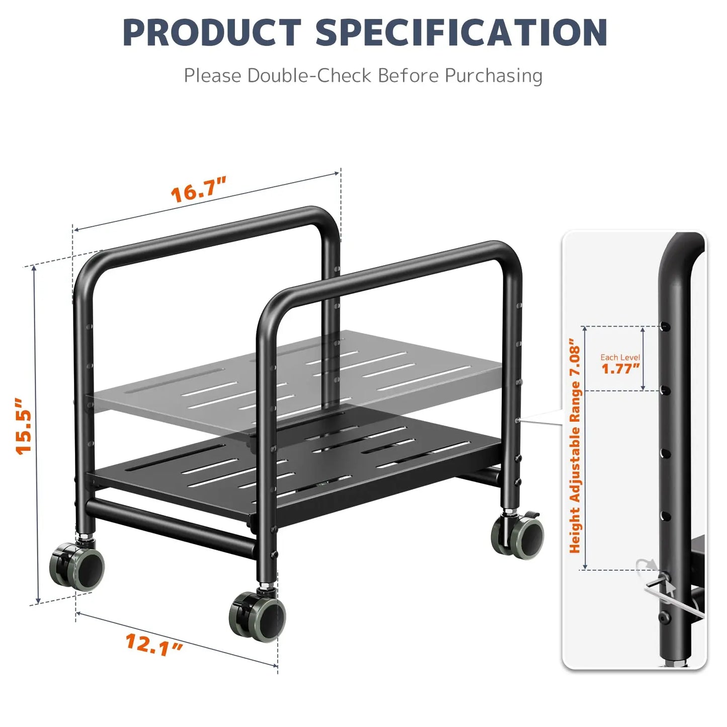 PUTORSEN PC Stand with Casters - Height-Adjustable Under-Desk PC Cart for Mid-Tower PC Cases, Supports up to 30 kg, Case Width up to 25.4 cm PUTORSEN