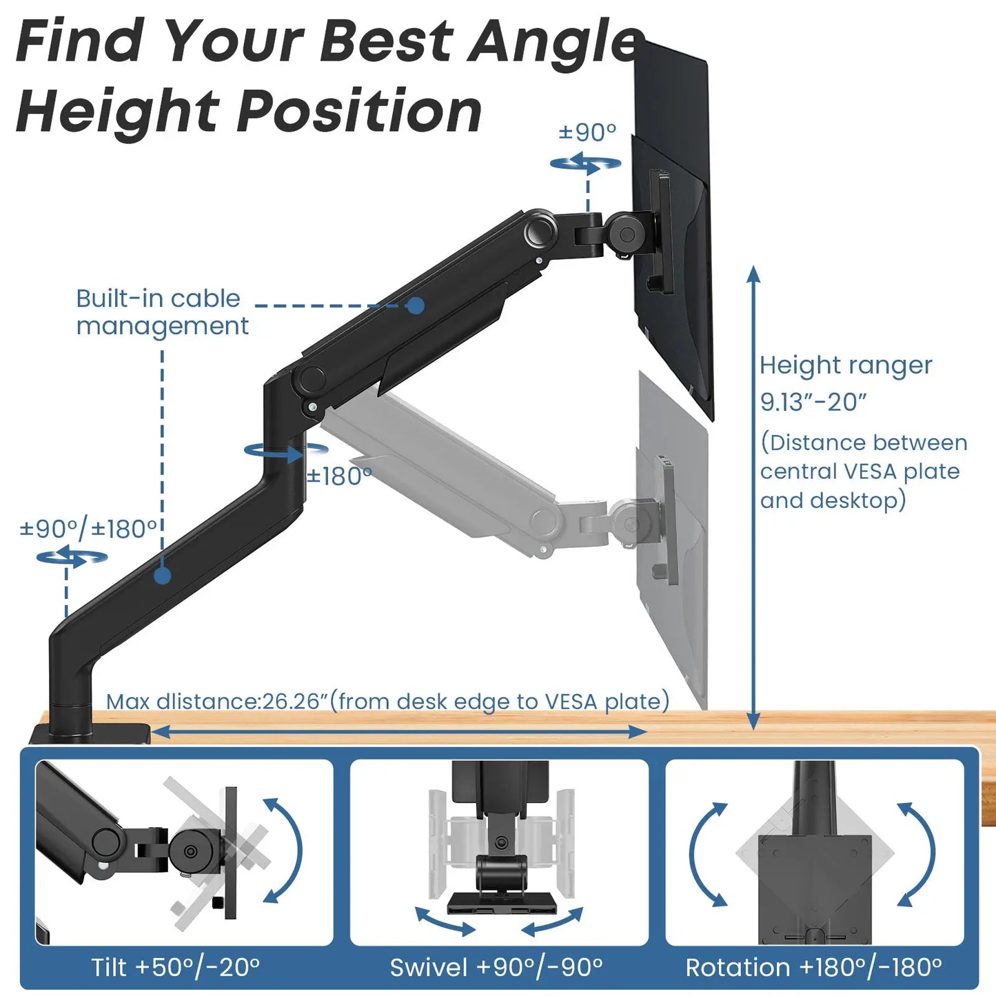 PUTORSEN Premium Ultrawide Single Monitor Arm, for Most 17-49 inch Screens Holds up to 44lbs PUTORSEN