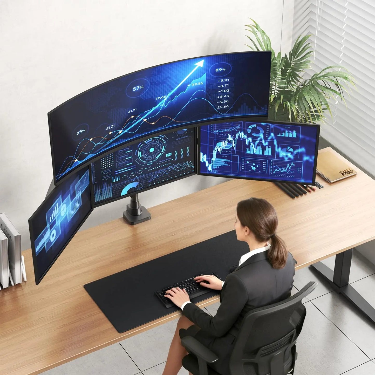 PUTORSEN Quad Monitor Mount for up to 49’’ Ultrawide on Top Bracket and 27’’ Screens on Lower Brackets, Holds up to 44lbs PUTORSEN