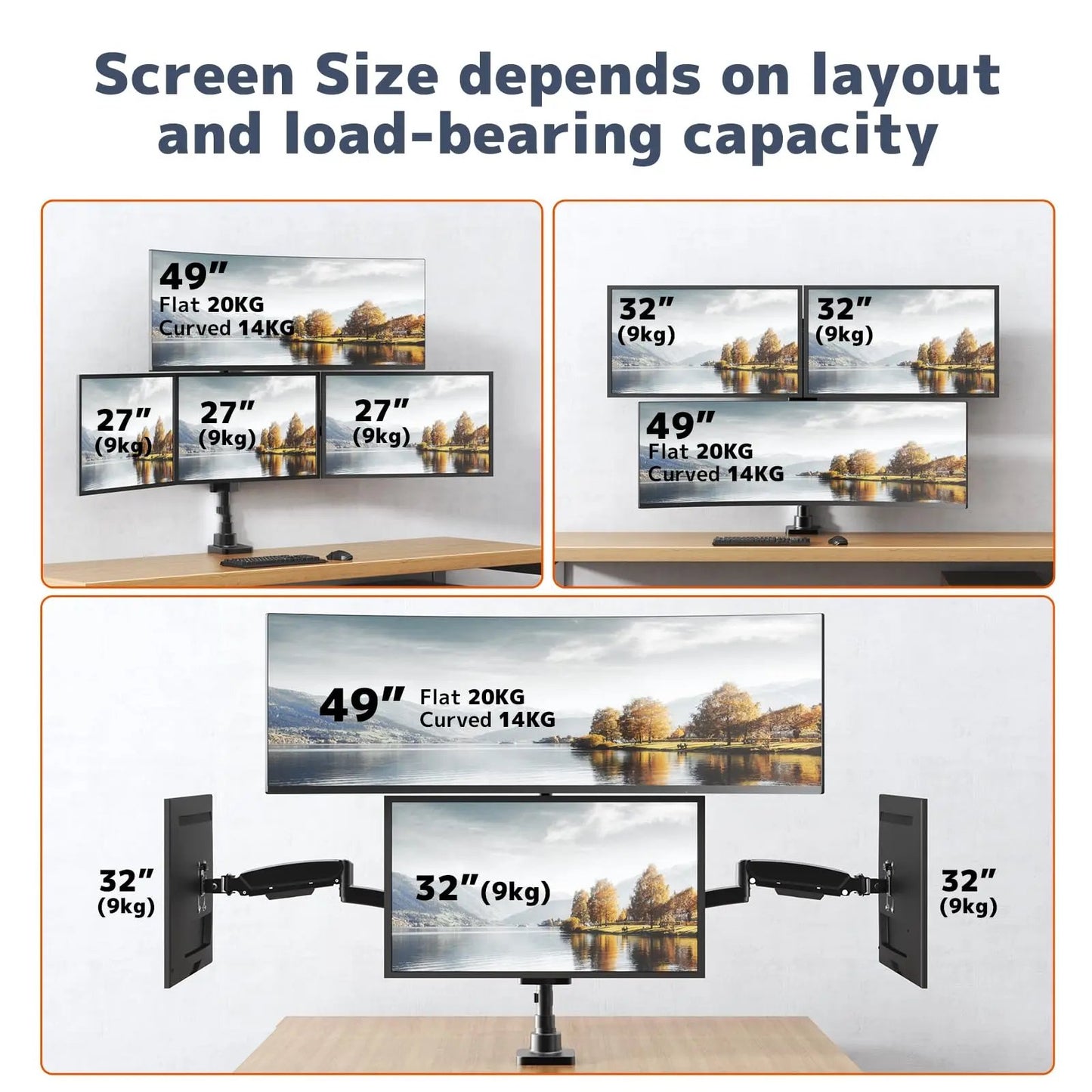 PUTORSEN Quad Monitor Mount for up to 49’’ Ultrawide on Top Bracket and 27’’ Screens on Lower Brackets, Holds up to 44lbs PUTORSEN