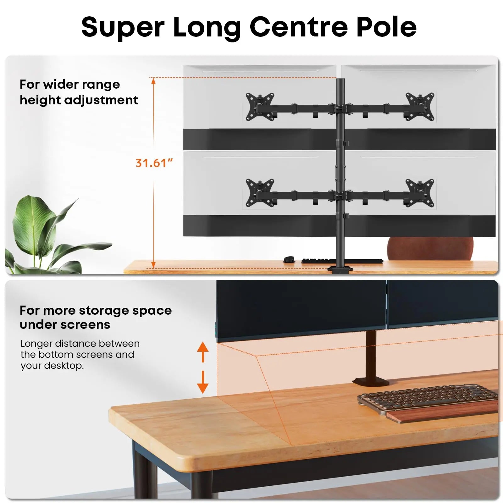 PUTORSEN Quad Monitor Stand, 4 Monitor Desk Mount for 17 to 32 Inch Screens, Heavy Duty Fully Adjustable Desk Arm with 31.7" Height, VESA 75/100 mm PUTORSEN
