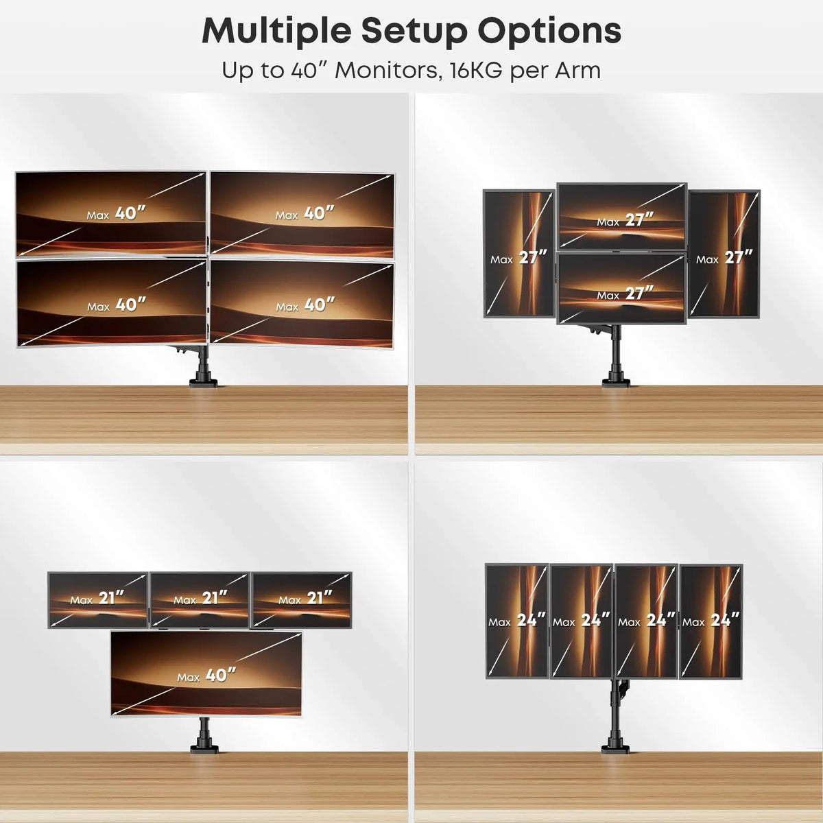 PUTORSEN Quad Monitor Stand, Gas Spring Monitor Mount for 17–40 Inch Screens, 4-Arm Fully Adjustable Stacked Mount, Each Arm Supports up to 35 lbs, Tilt & Swivel, Black PUTORSEN