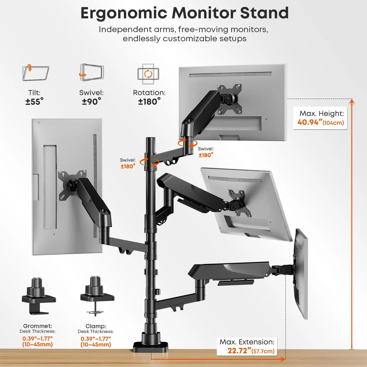 PUTORSEN Quad Monitor Stand, Gas Spring Monitor Mount for 17–40 Inch Screens, 4-Arm Fully Adjustable Stacked Mount, Each Arm Supports up to 35 lbs, Tilt & Swivel, Black PUTORSEN
