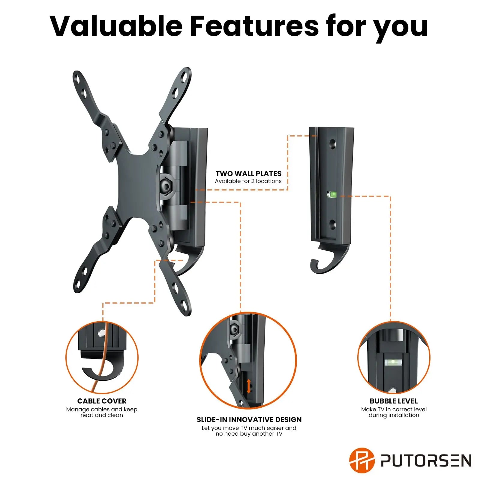 PUTORSEN RV TV Mount for 13-43 inch TVs and up to 44lbs, Quick Release RV TV Wall Mount with Dual Wall Plates, Low Profile Detachable TV Bracket for Indoor Camper Trailer Motorhome PUTORSEN