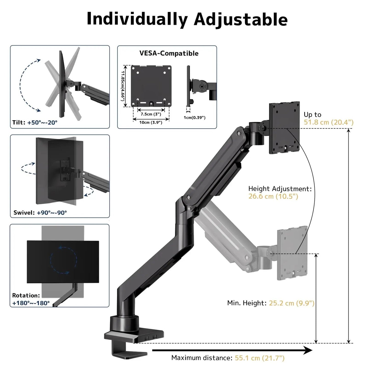 PUTORSEN Single Monitor Arm Heavy-Duty for 17-49 inch Screen - Supports Up to 44 lbs,Ultrawide Full Motion Monitor Arm Desk Mount for Office & Gaming, Black PUTORSEN