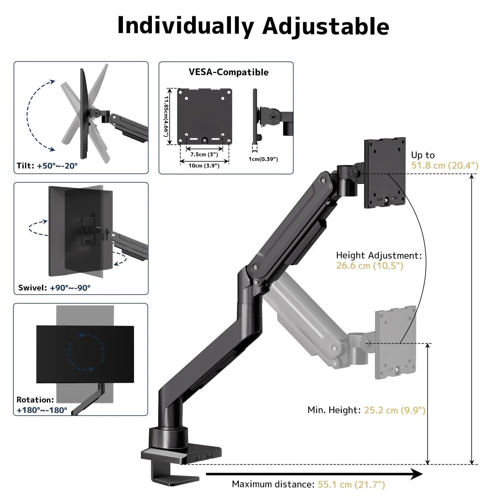 PUTORSEN Single Monitor Arm Heavy-Duty for 17-49 inch Screen - Supports Up to 44 lbs,Ultrawide Full Motion Monitor Arm Desk Mount for Office & Gaming, Black PUTORSEN