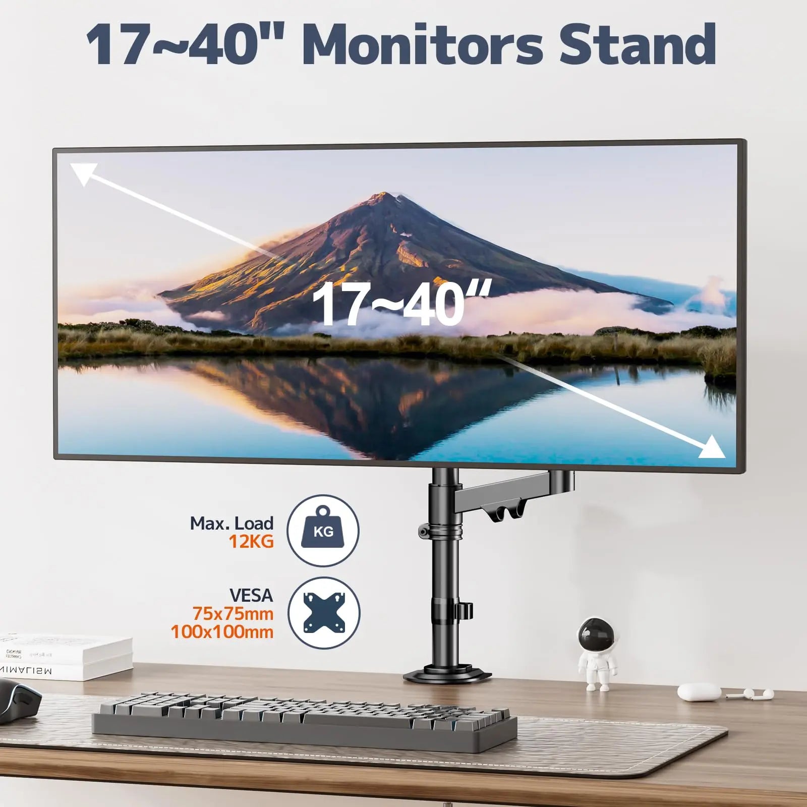 PUTORSEN Single Monitor Arm - PUTORSEN Monitor Arm for 13 to 40 inch Screens - Up to 26.4 lbs, Maximize Desk Space Pole Stand, VESA 75/100mm PUTORSEN