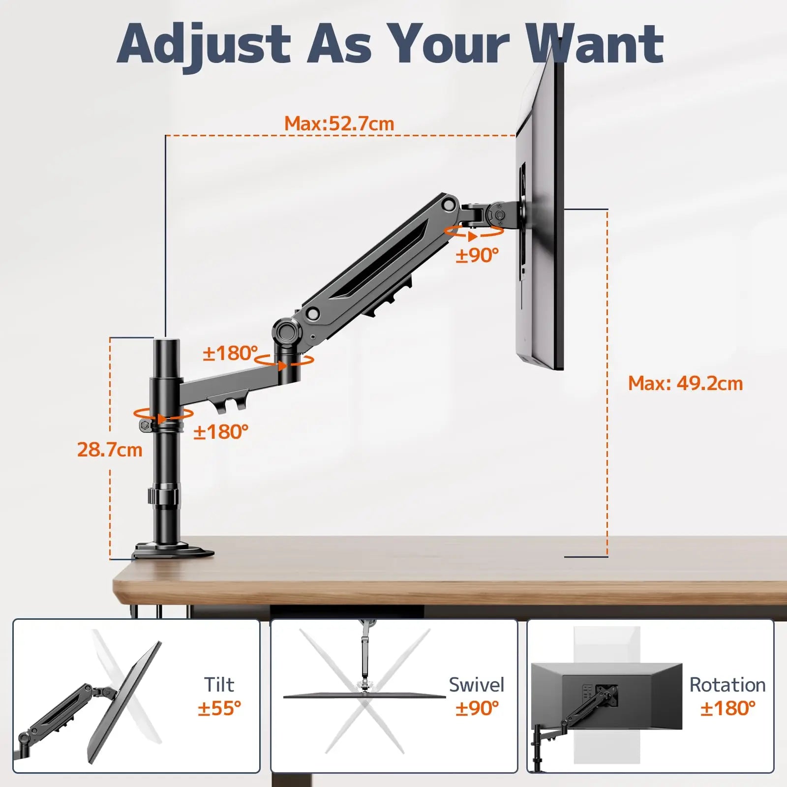 PUTORSEN Single Monitor Arm - PUTORSEN Monitor Arm for 13 to 40 inch Screens - Up to 26.4 lbs, Maximize Desk Space Pole Stand, VESA 75/100mm PUTORSEN