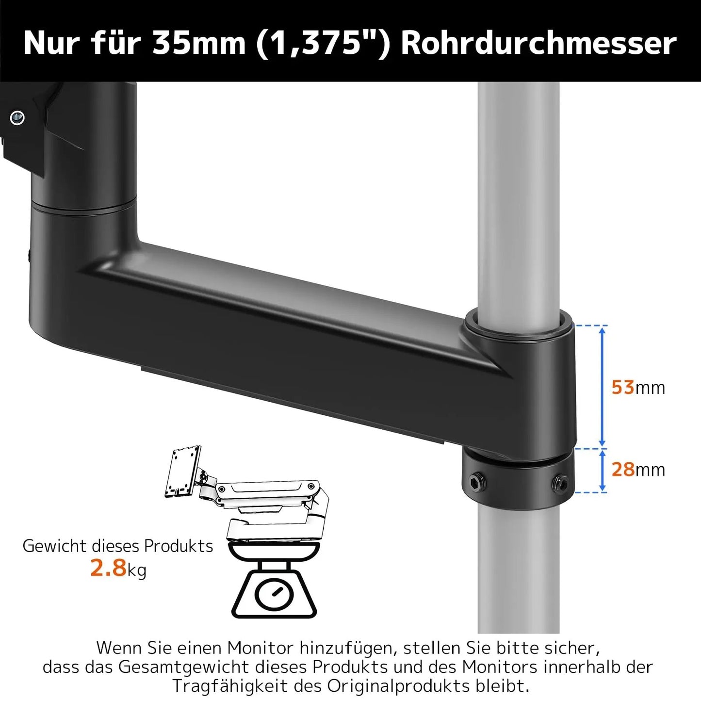 PUTORSEN Single Monitor Mount for 17-49 Inch Flat & Curved Screens, Gas Spring Arm Accessory, Swivel and Tilt, Individual Gas Spring Arm Components (Without Pole and Base), Max 20 kg, VESA 75x75/100x100mm PUTORSEN