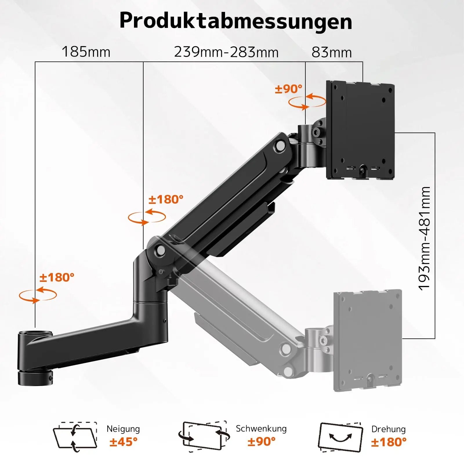 PUTORSEN Single Monitor Mount for 17-49 Inch Flat & Curved Screens, Gas Spring Arm Accessory, Swivel and Tilt, Individual Gas Spring Arm Components (Without Pole and Base), Max 20 kg, VESA 75x75/100x100mm PUTORSEN