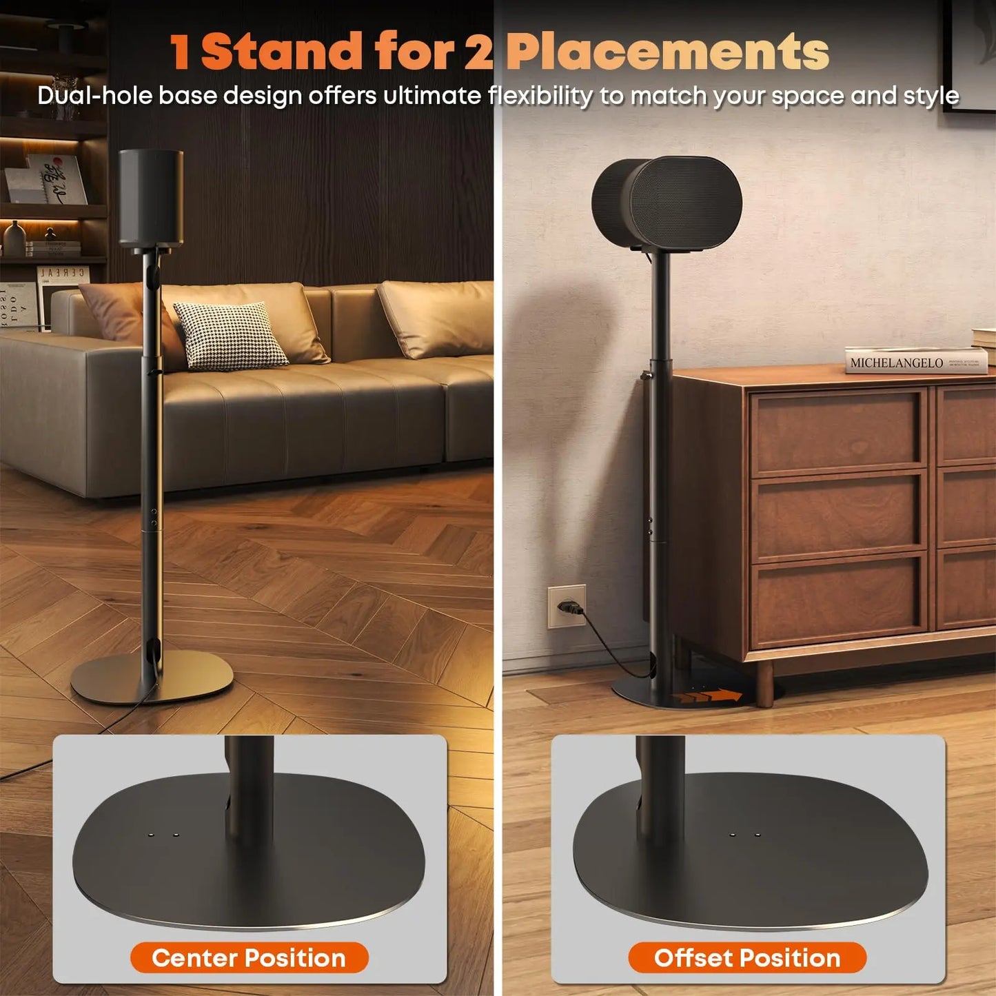 PUTORSEN Speaker Stands for Sonos Era-100 & Era-300 - Height Adjustable Floor Stands 29.1''–39'', Dual-Mount Base for Space-Saving Placement, Concealed Cable Management, 1 Pair PUTORSEN